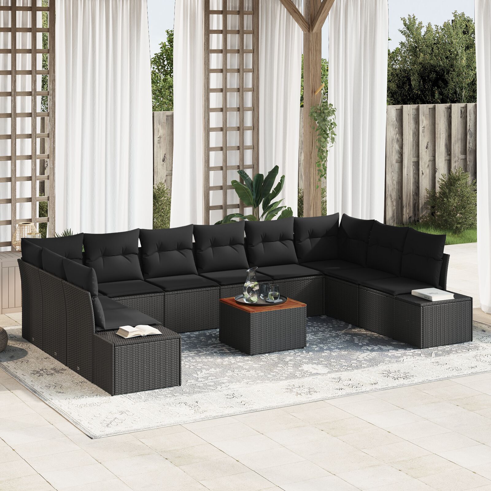 Set de Sofa de 11 Piese pentru Grădină cu Perne Negru Poli Ratan Acacia GartenMobel Dekor