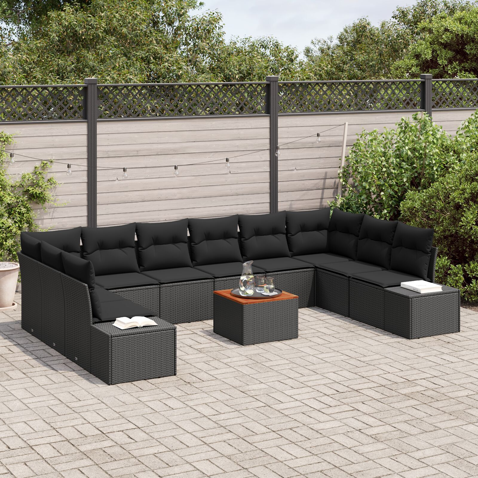 Set de Sofa de 11 Piese pentru Grădină cu Perne Negru Poli Ratan Acacia GartenMobel Dekor