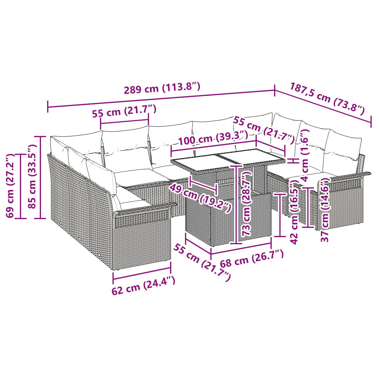 Set canapea grădină 10 piese cu perne gri ratan poli, Canapea 2 locuri grădină cu depozit și perne gri ratan poli GartenMobel Dekor