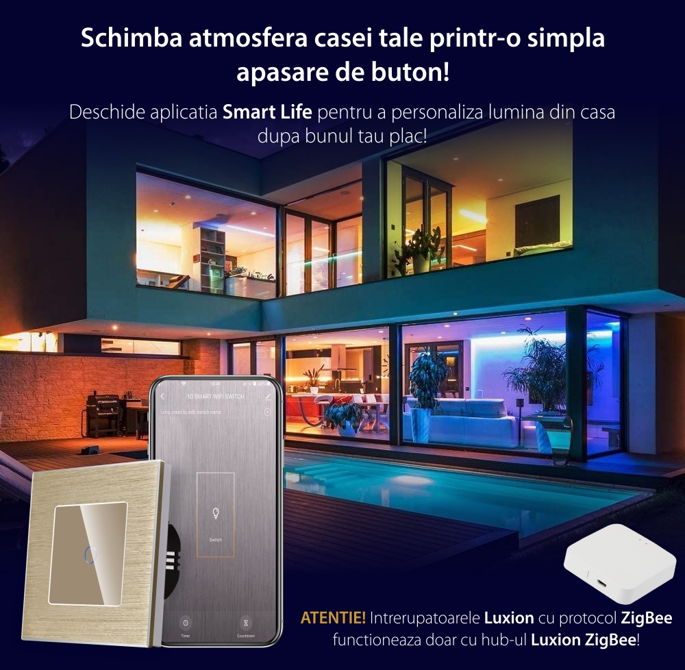 Intrerupator Simplu cu Touch din Sticla si Rama de Aluminiu LUXION, protocol Zigbee SmartElectro IntelligentHouse