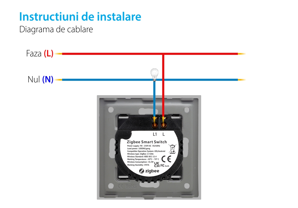 Intrerupator Simplu cu Touch din Sticla si Rama de Aluminiu LUXION, protocol Zigbee SmartElectro IntelligentHouse