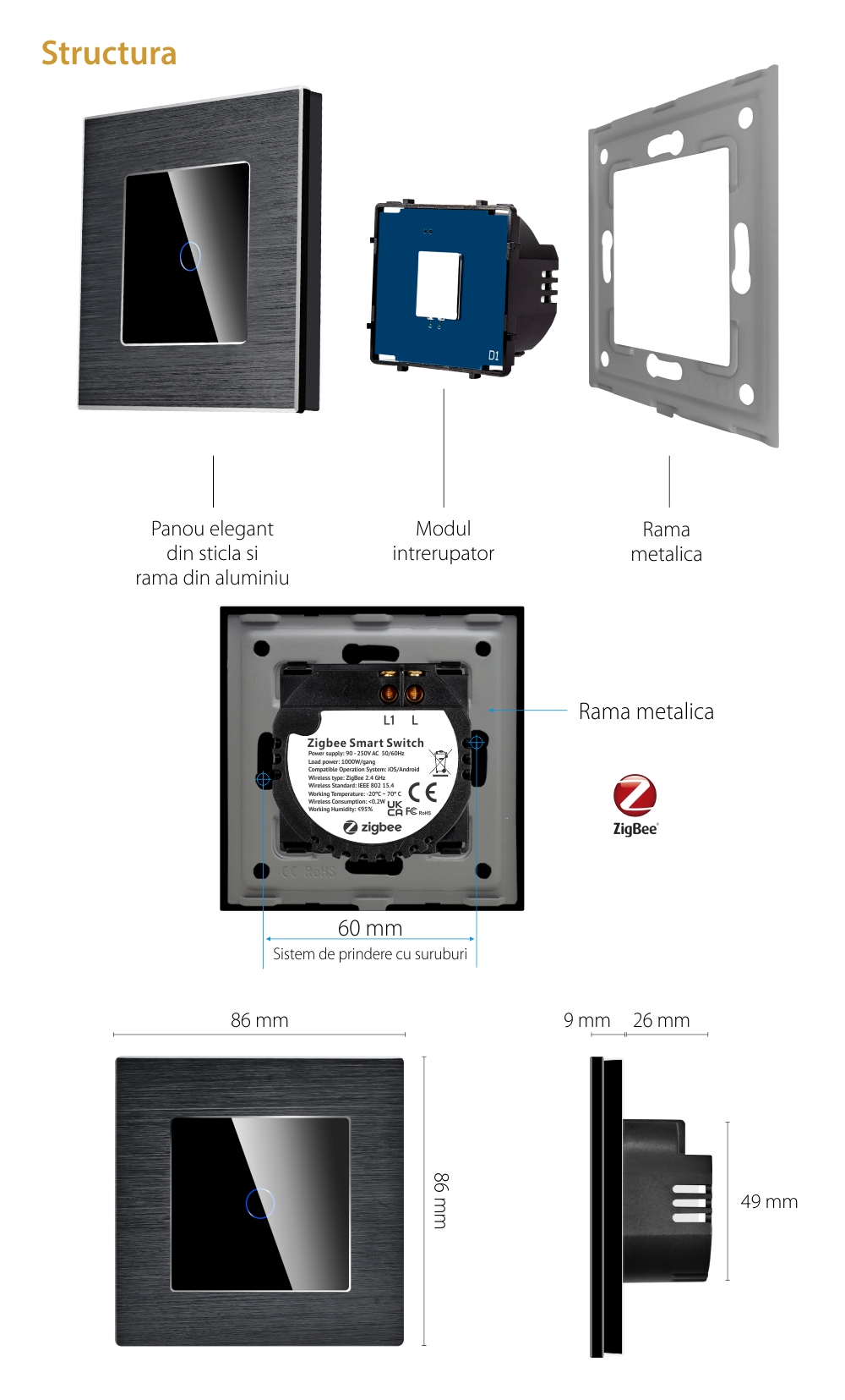 Intrerupator Simplu cu Touch din Sticla si Rama de Aluminiu LUXION, protocol Zigbee SmartElectro IntelligentHouse