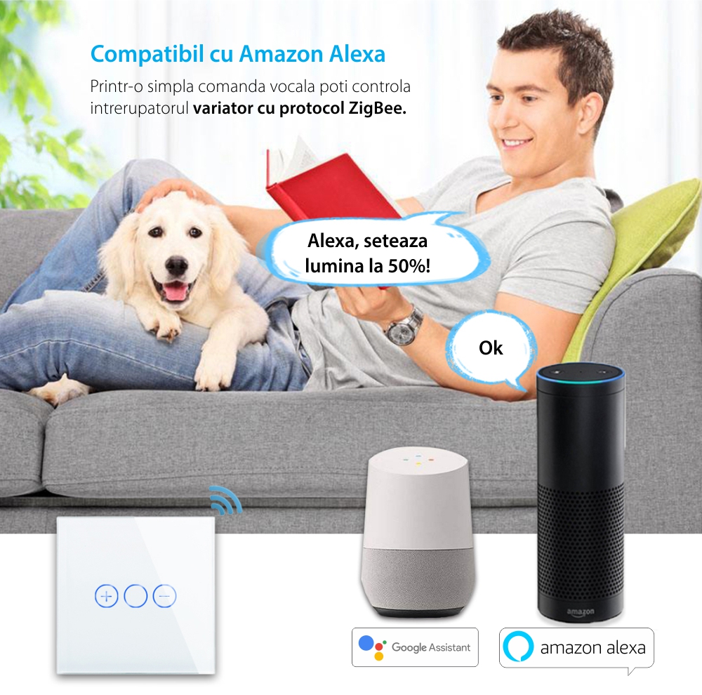 Intrerupator Simplu cu Variator cu Touch din Sticla LUXION, protocol Zigbee SmartElectro IntelligentHouse