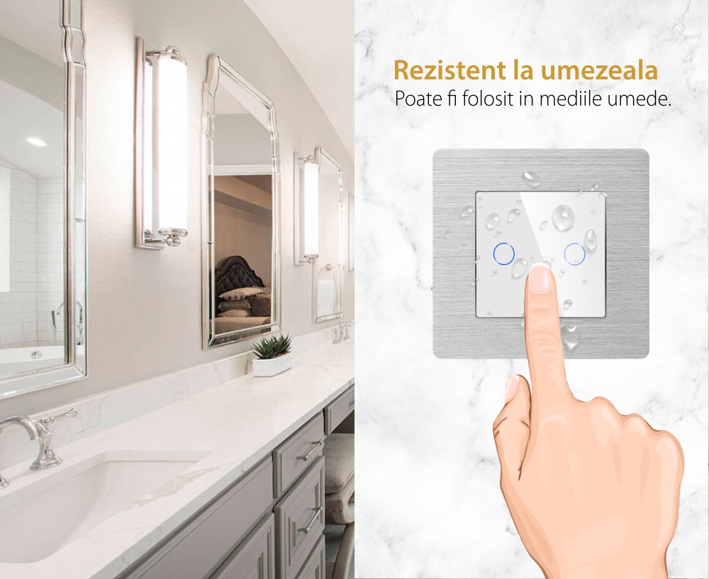 Intrerupator Dublu Cap Scara / Cruce cu Touch din Sticla si Rama de Aluminiu LUXION, RF433 SmartElectro IntelligentHouse