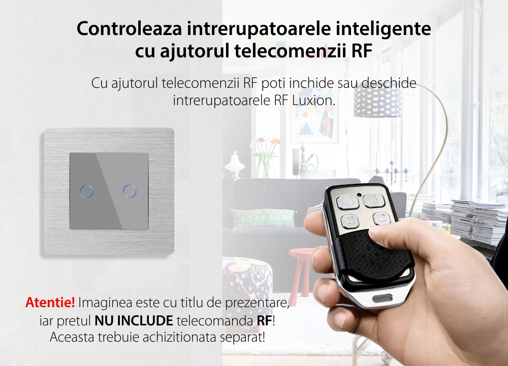 Intrerupator Dublu Cap Scara / Cruce cu Touch din Sticla si Rama de Aluminiu LUXION, RF433 SmartElectro IntelligentHouse
