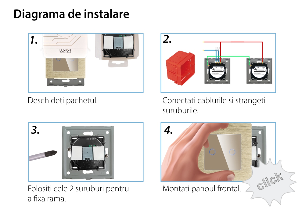 Intrerupator Dublu Cap Scara / Cruce cu Touch din Sticla si Rama de Aluminiu LUXION, RF433 SmartElectro IntelligentHouse