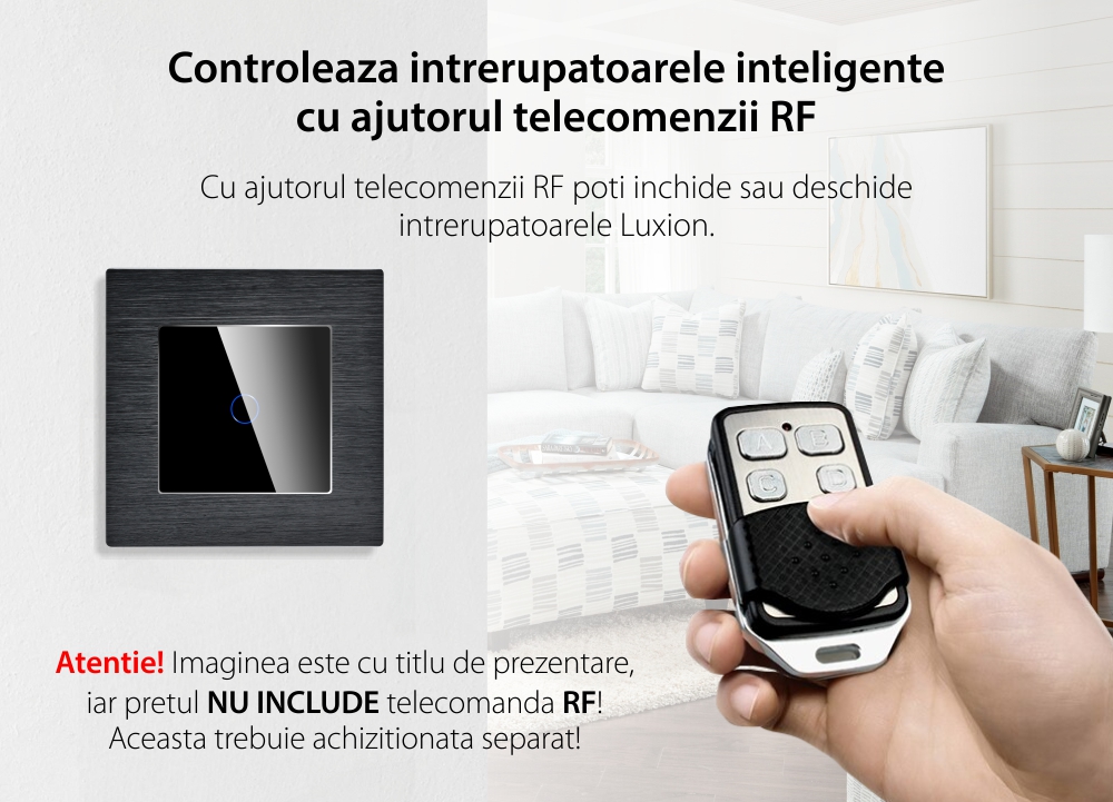 Intrerupator Simplu Cap Scara / Cruce cu Touch din Sticla si Rama de Aluminiu LUXION, RF433 SmartElectro IntelligentHouse