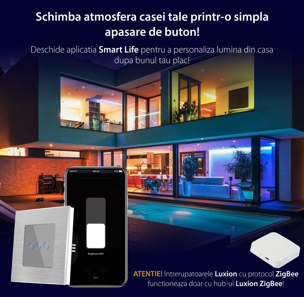 Intrerupator Simplu cu Variator cu Touch din Sticla si Rama de Aluminiu LUXION, protocol Zigbee SmartElectro IntelligentHouse