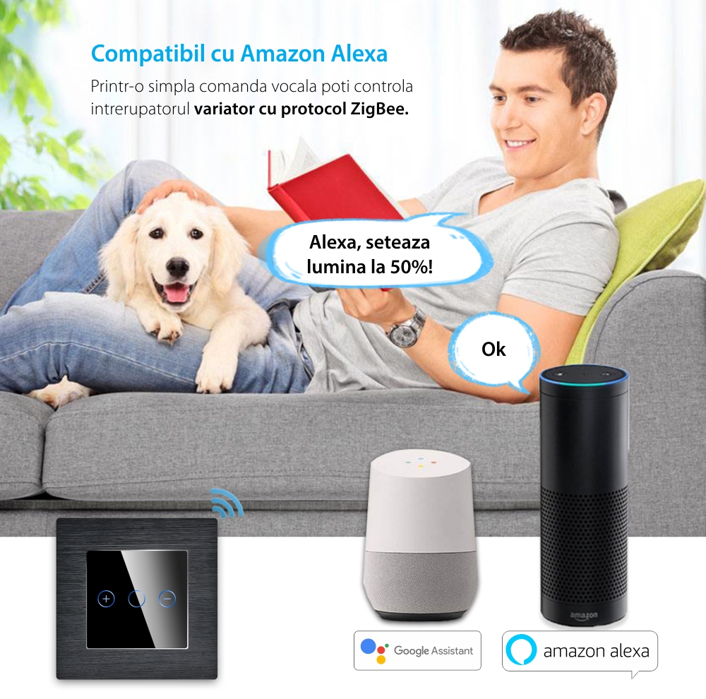 Intrerupator Simplu cu Variator cu Touch din Sticla si Rama de Aluminiu LUXION, protocol Zigbee SmartElectro IntelligentHouse