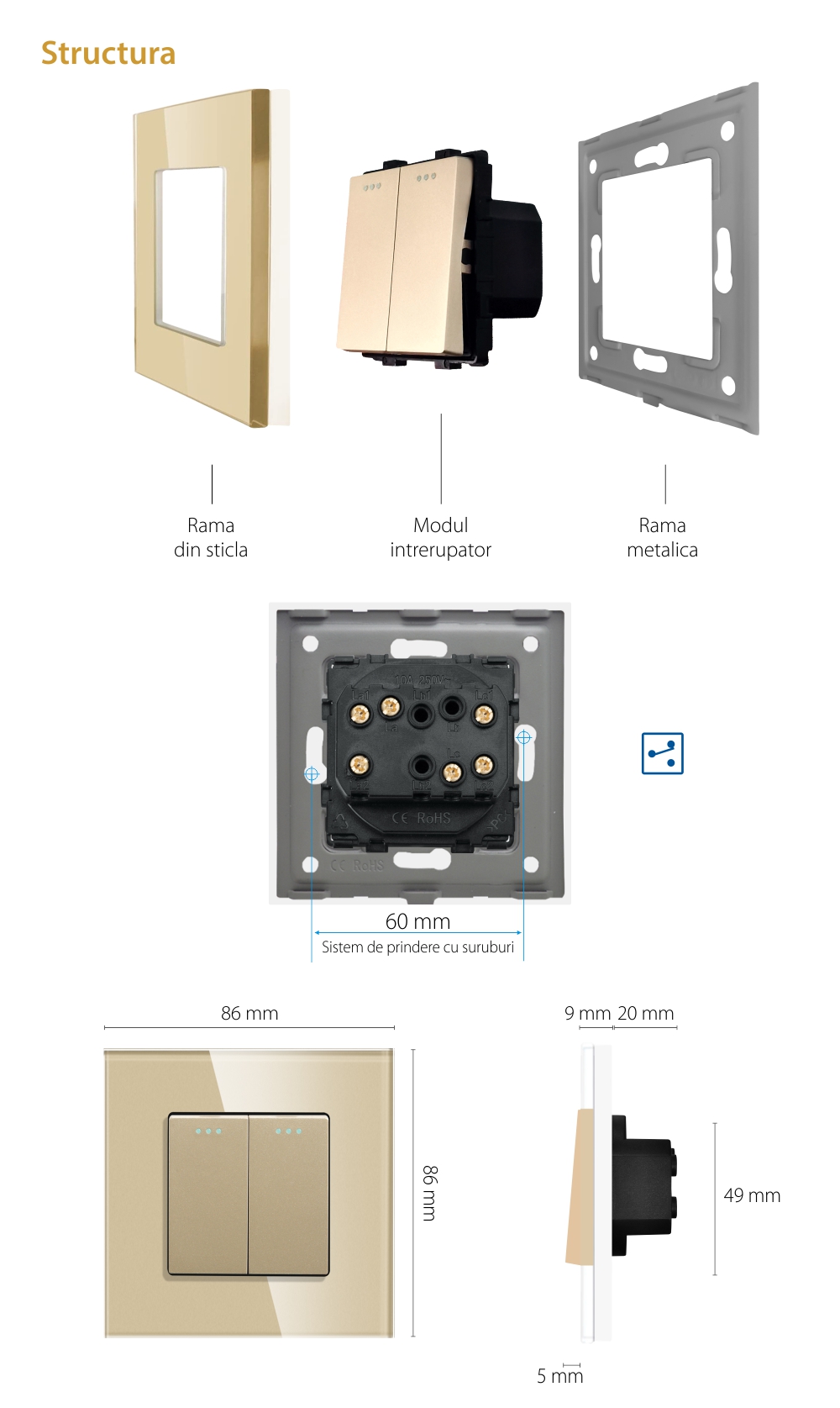 Intrerupator Dublu Cap Scara Mecanic LUXION cu Rama din Sticla SmartElectro IntelligentHouse