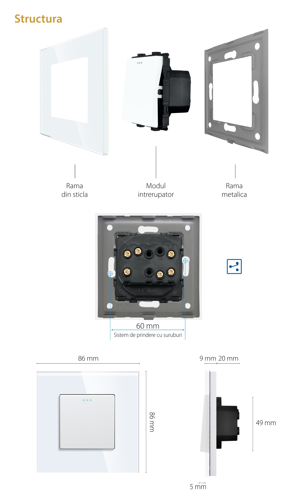 Intrerupator Simplu Cap Cruce Mecanic LUXION cu Rama din Sticla SmartElectro IntelligentHouse