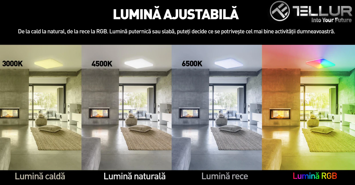 Plafoniera inteligenta LED RGB Tellur, Control vocal, 24W, Wi-Fi, 33 cm, Forma patrata SmartElectro IntelligentHouse