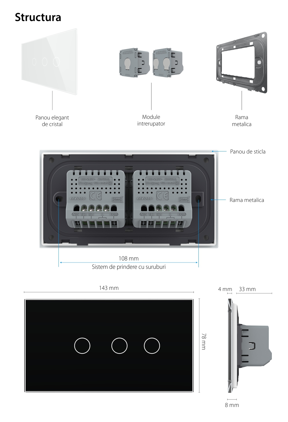 Intrerupator Simplu + Dublu cu Touch LIVOLO cu Rama Din Sticla, Standard Italian, 4M SmartElectro IntelligentHouse