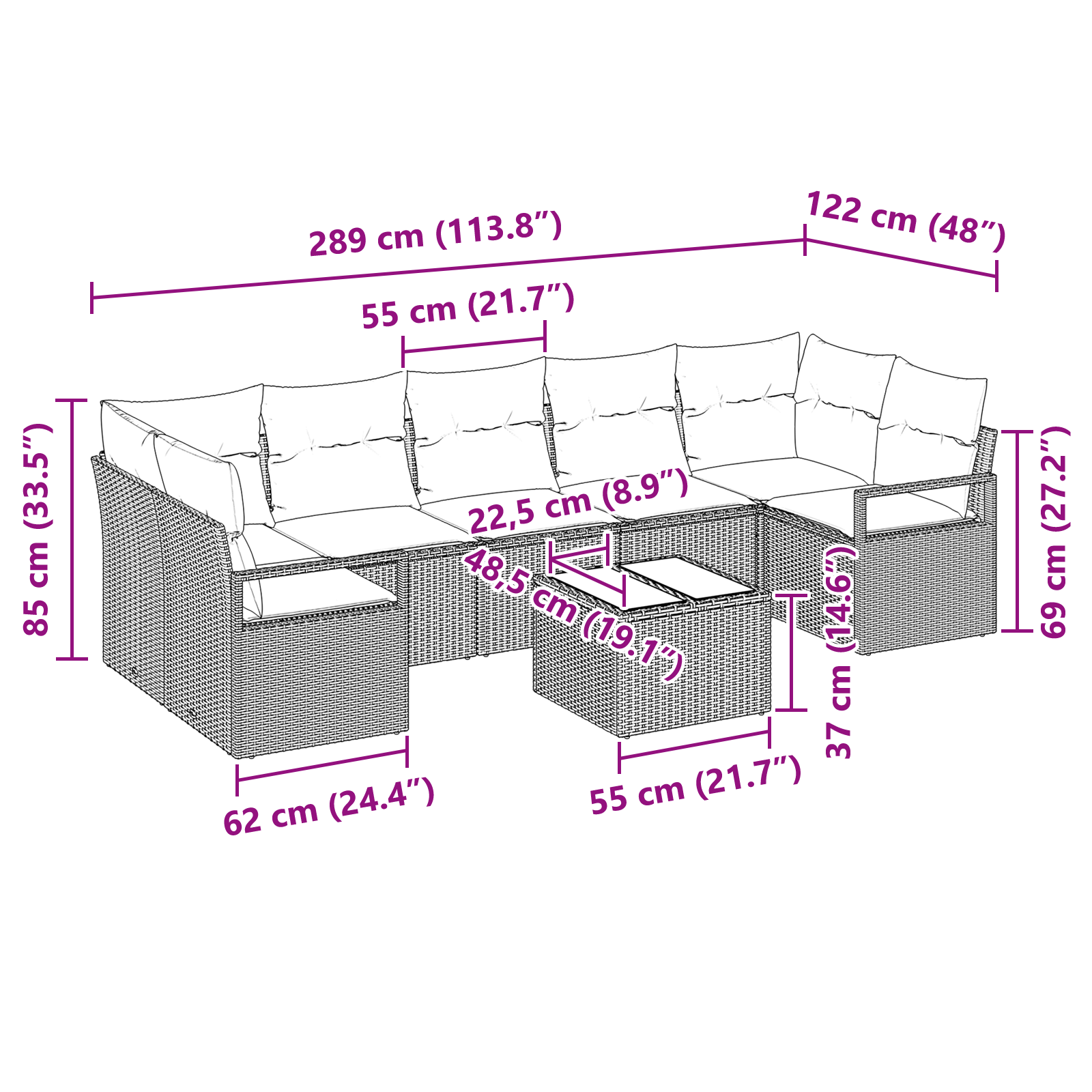 Set Sofa Grădină cu 8 Piese și Perne Maro Poli Ratan, Set Sofa pentru 2 Persoane cu Perne Maro Poli Ratan GartenMobel Dekor