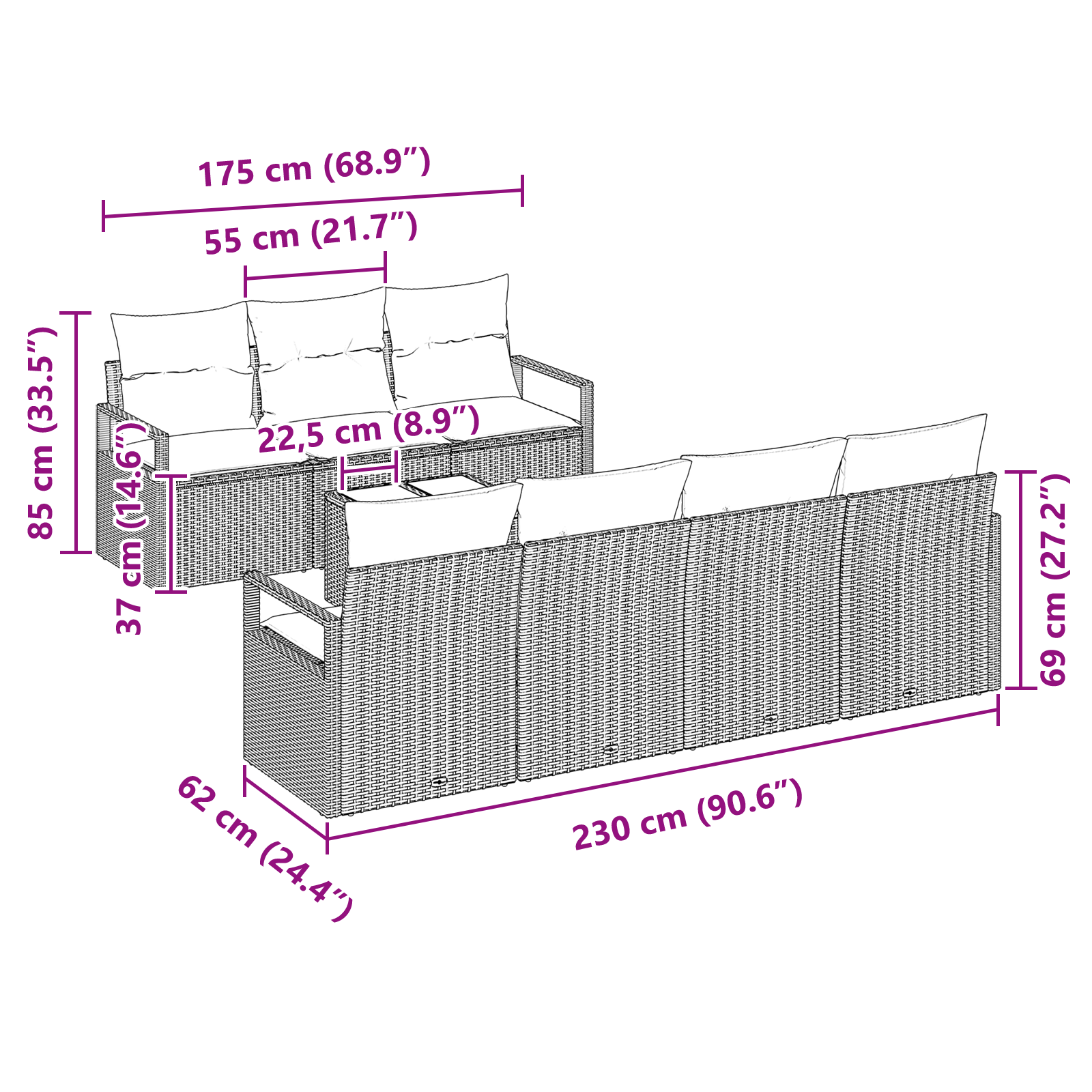 Set canapea grădină cu 8 piese și perne din ratan negru, Canapea grădină cu 2 locuri și perne din ratan negru GartenMobel Dekor