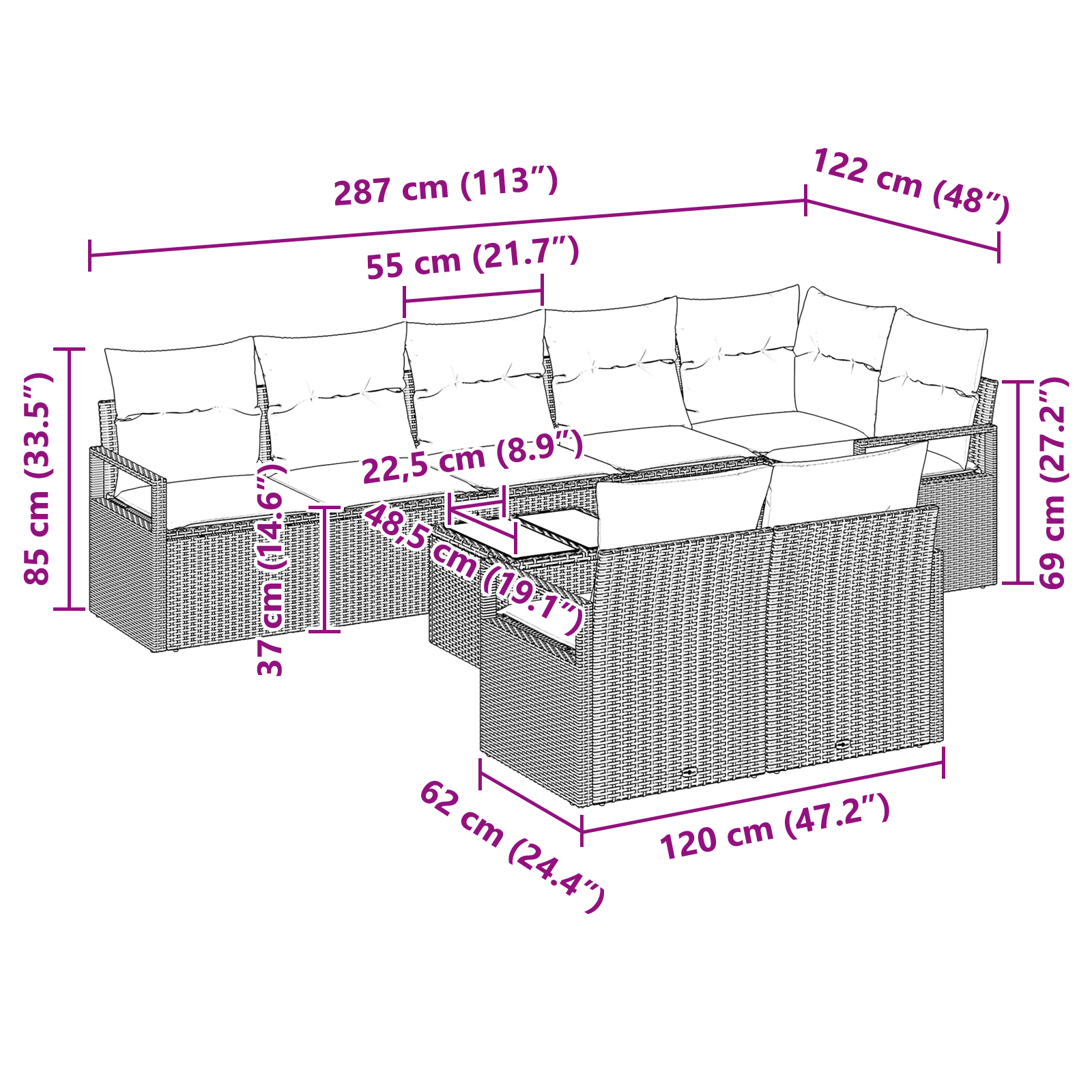 Set de canapea de grădină cu 9 piese și perne din ratan negru, Set de canapea de grădină cu 2 locuri și perne din ratan bej GartenMobel Dekor