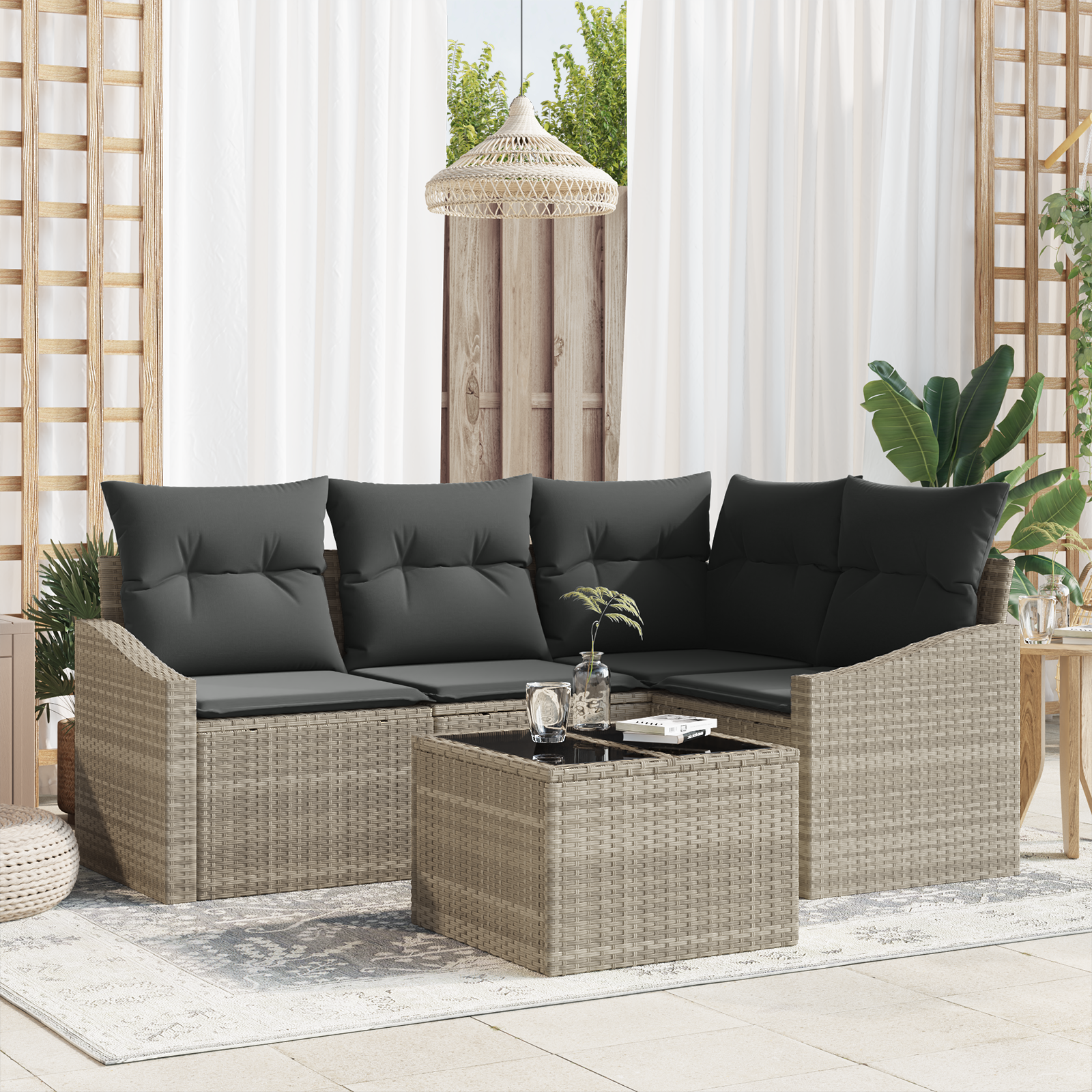 Set de Sofa pentru Grădină de 5 Piese cu Perne Gri din Poli Rattan GartenMobel Dekor