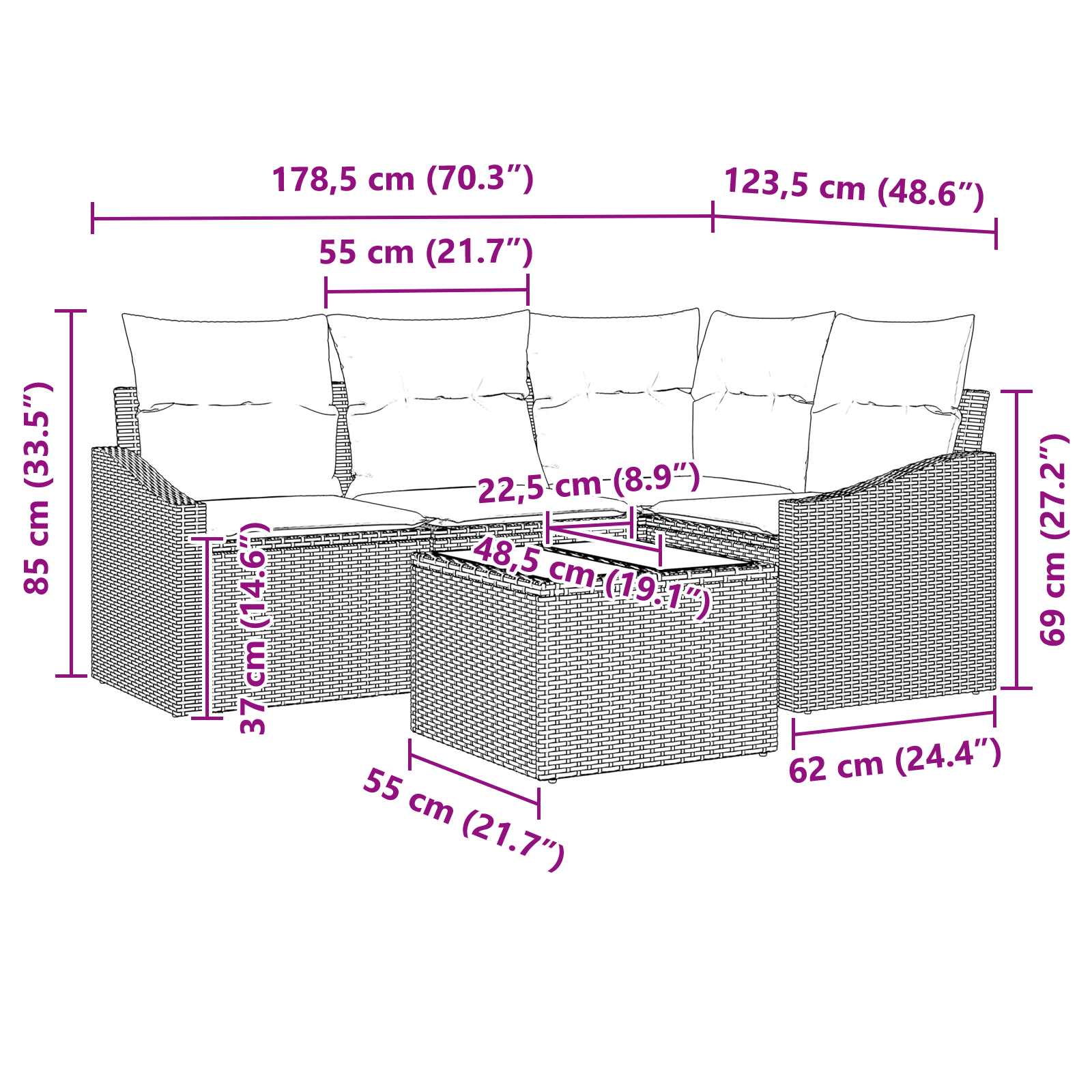 Set de Sofa pentru Grădină de 5 Piese cu Perne Gri din Poli Rattan GartenMobel Dekor