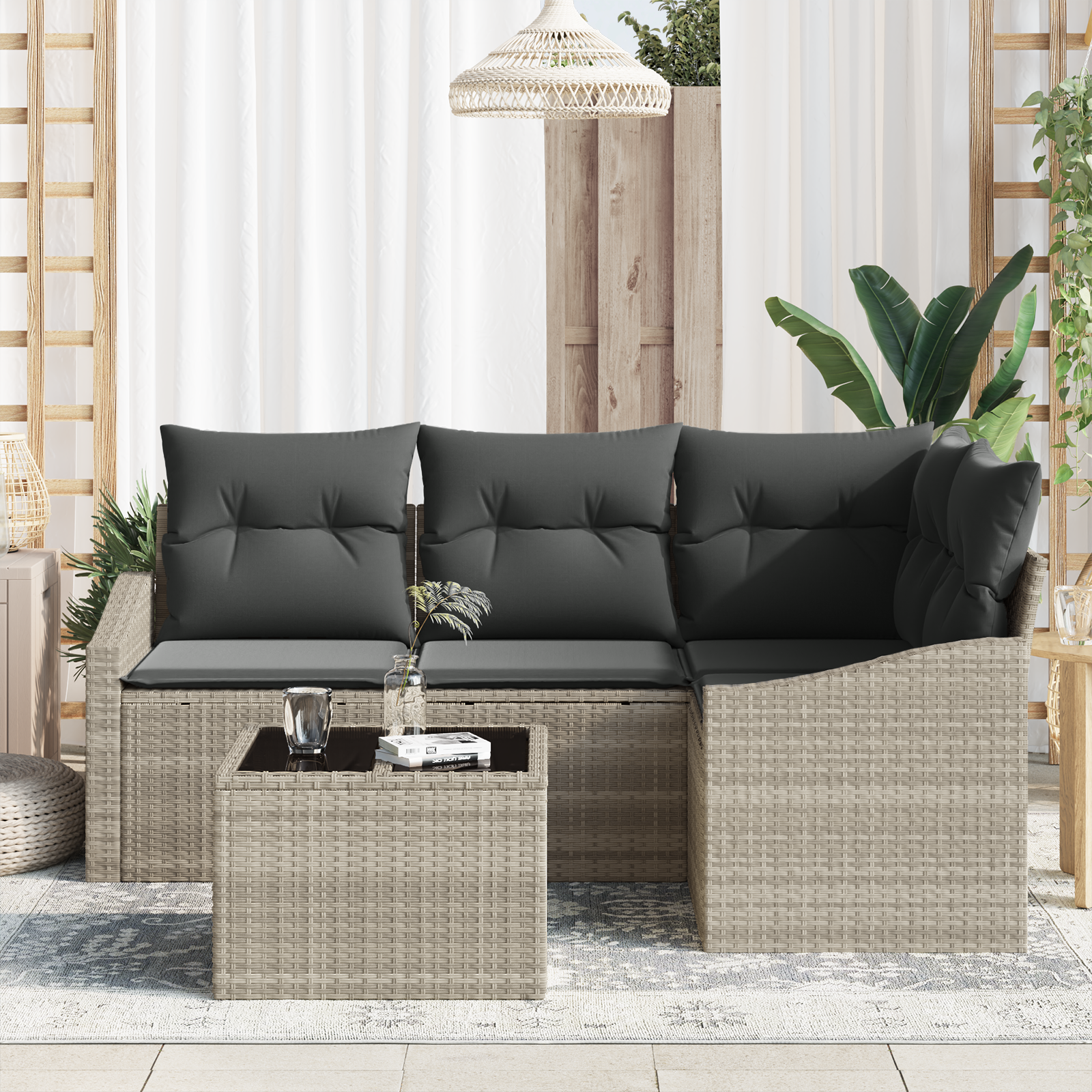 Set de Sofa pentru Grădină de 5 Piese cu Perne Gri din Poli Rattan GartenMobel Dekor