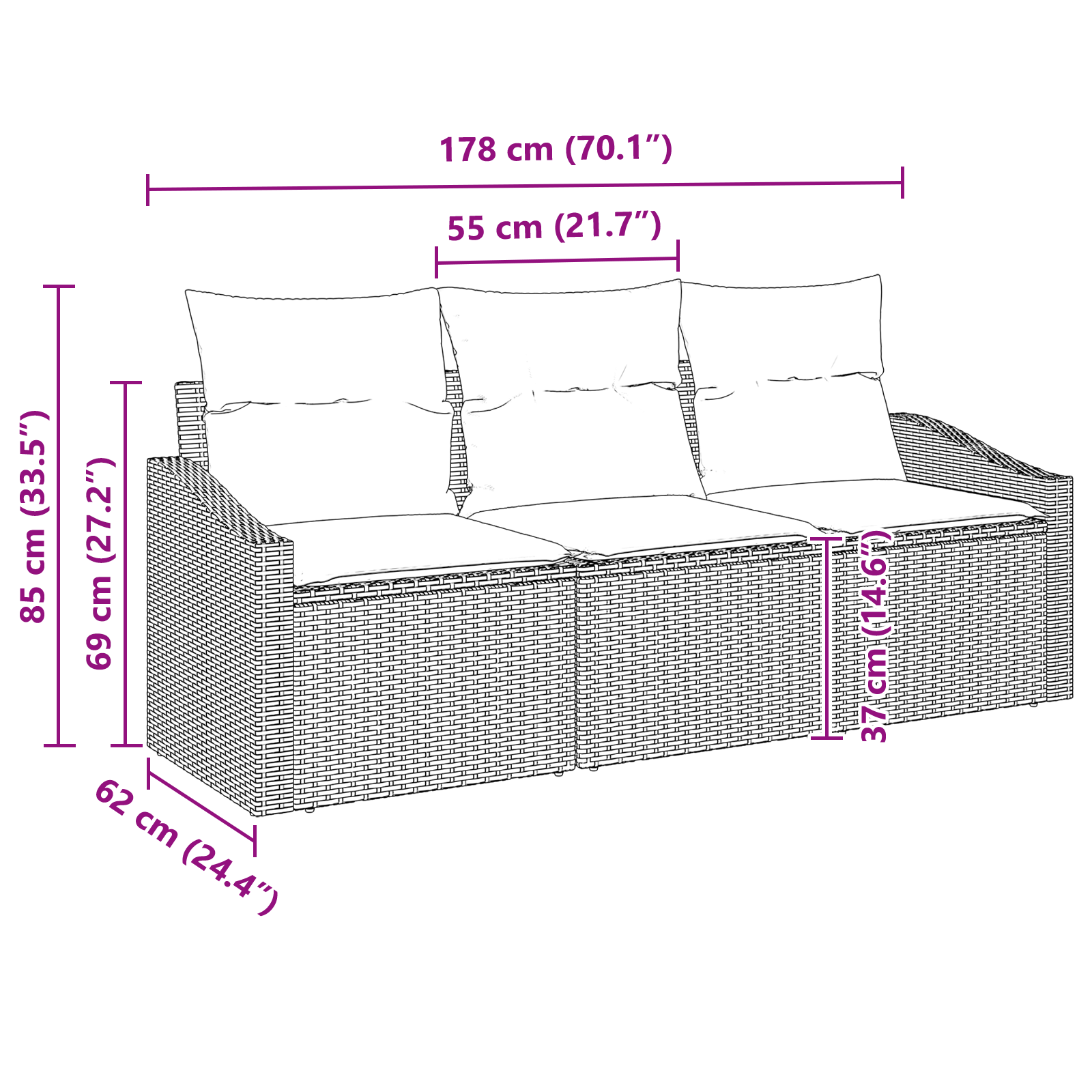Set de canapea de grădină 3 piese cu perne gri deschis din ratan poli GartenMobel Dekor