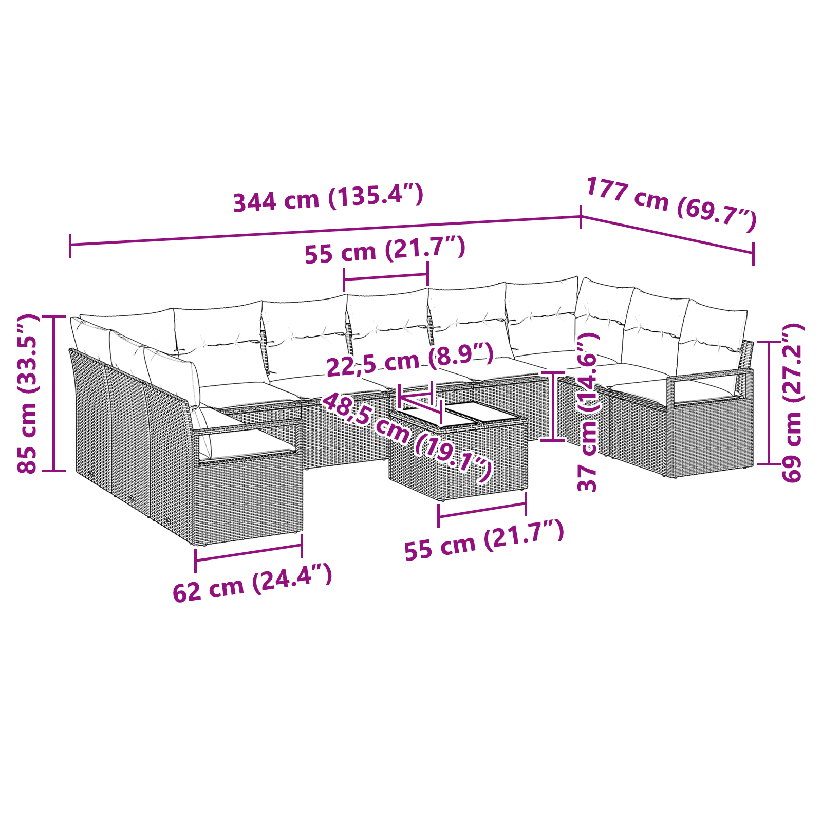 Set canapea de grădină de 10 piese cu perne Ratan sintetic maro, Canapea de grădină pentru 2 persoane cu perne Ratan sintetic negru GartenMobel Dekor
