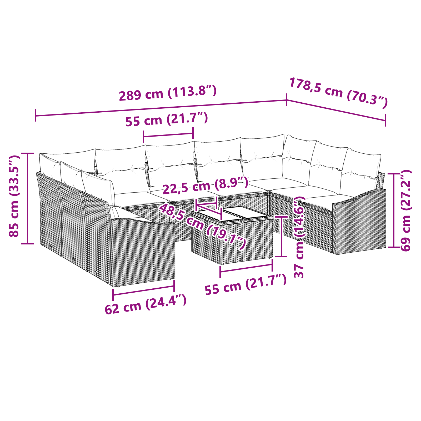 Set de Canapele de Grădină 10 piese cu Perne Gri Ratan Poli GartenMobel Dekor