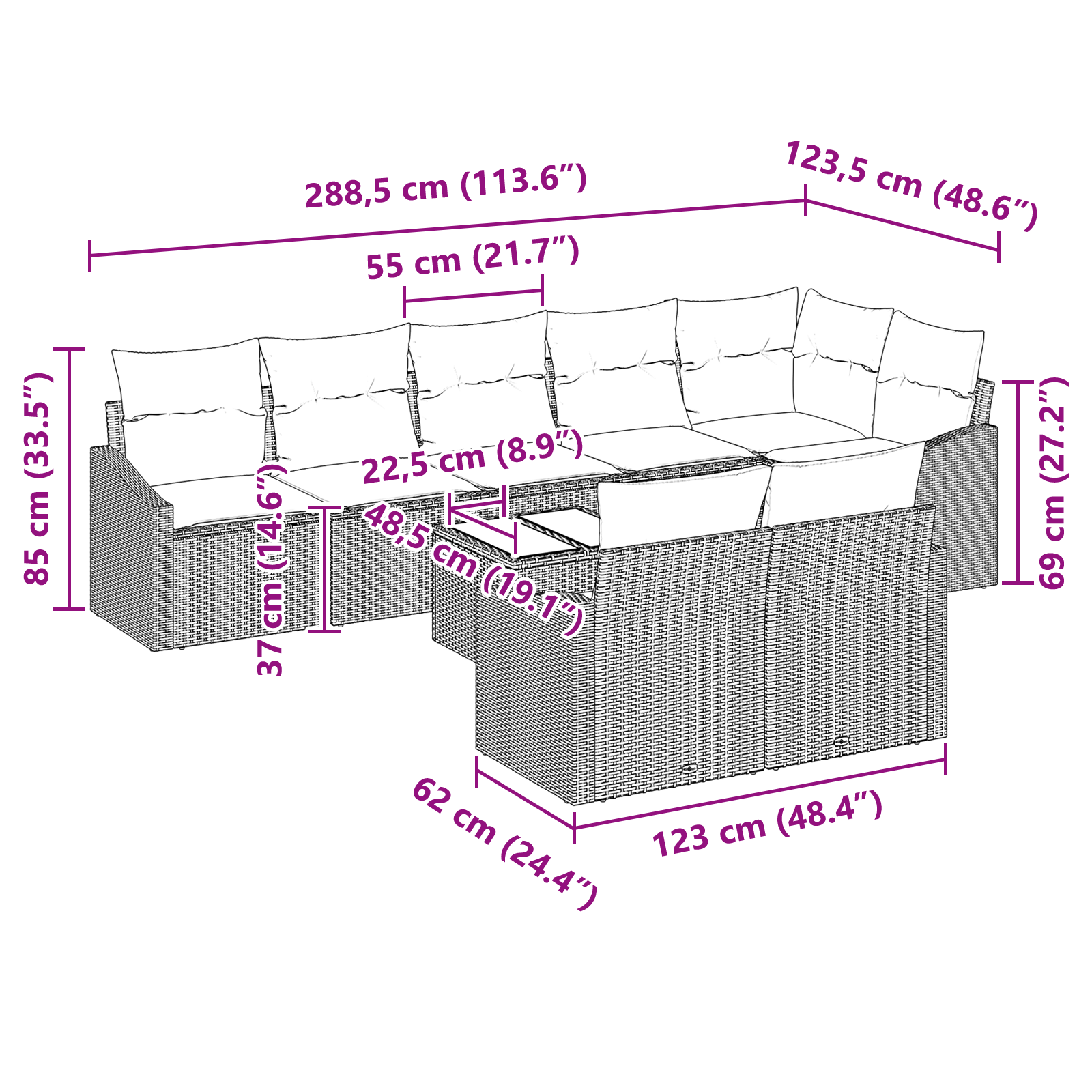 Set de canapea de grădină 9 piese cu perne gri din ratan poly GartenMobel Dekor