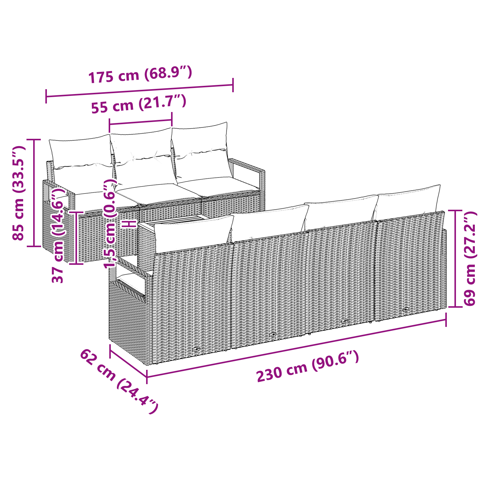 Set de canapea de grădină cu 8 piese și perne negre din poliratan și acacia GartenMobel Dekor
