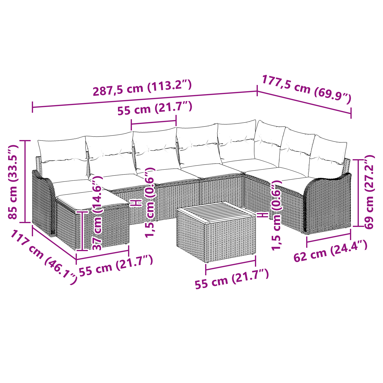 Set Canapea Grădină 9 Piese cu Pernuțe Bej Poly Ratan Acacia, Canapea Grădină 2-Seat cu Pernuțe Bej Poly Ratan GartenMobel Dekor