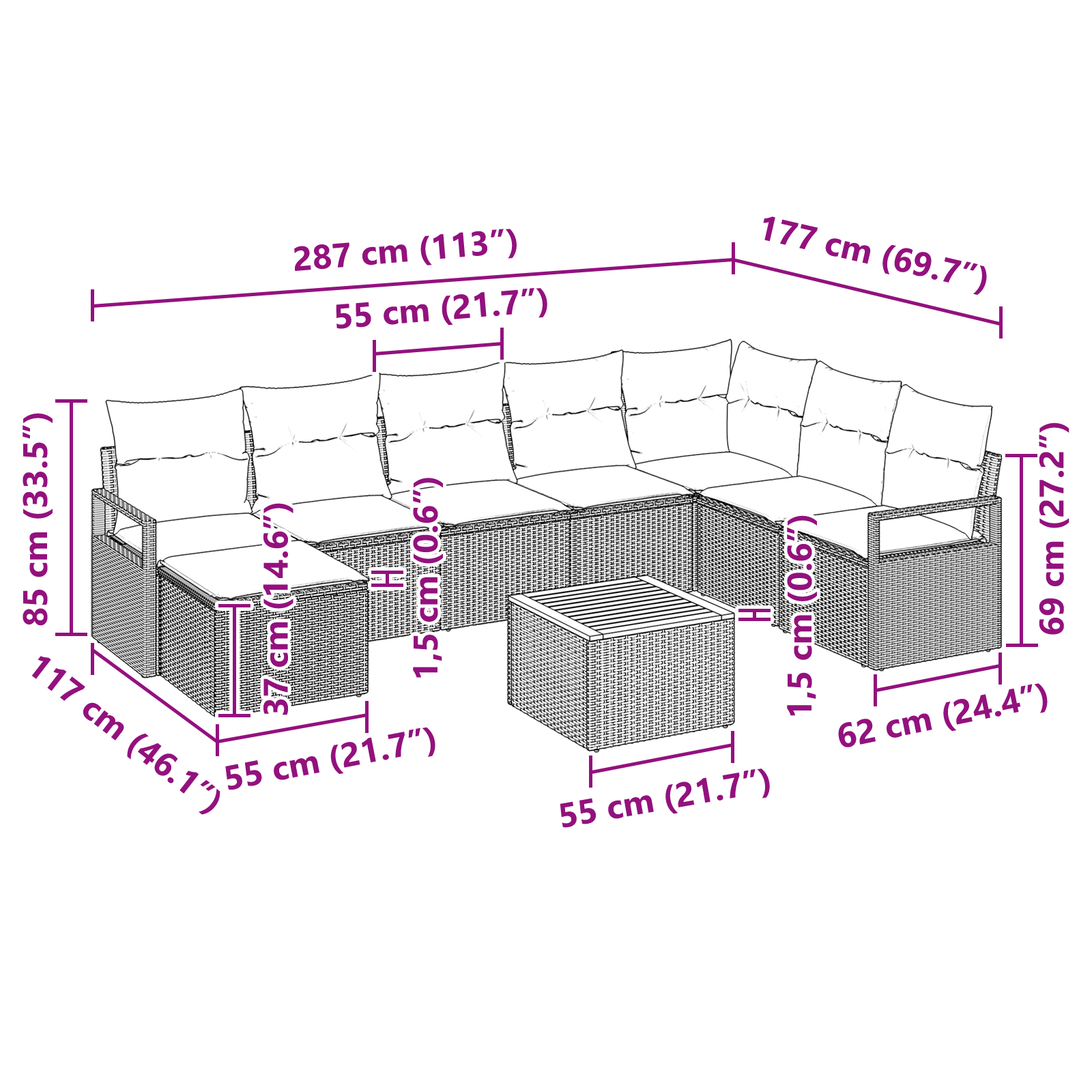 Set de Canapea de Grădină 9 Piese cu Perne Ratan Poli Negru Acacia, Canapea de Grădină cu 2 Locuri cu Perne Negru Ratan Poli GartenMobel Dekor