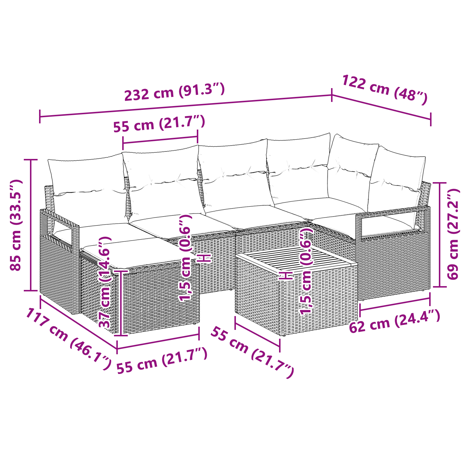 Set de canapea de grădină cu 7 piese și perne negru ratan poliester, Set de canapea de grădină cu 2 locuri și perne negru ratan poliester GartenMobel Dekor