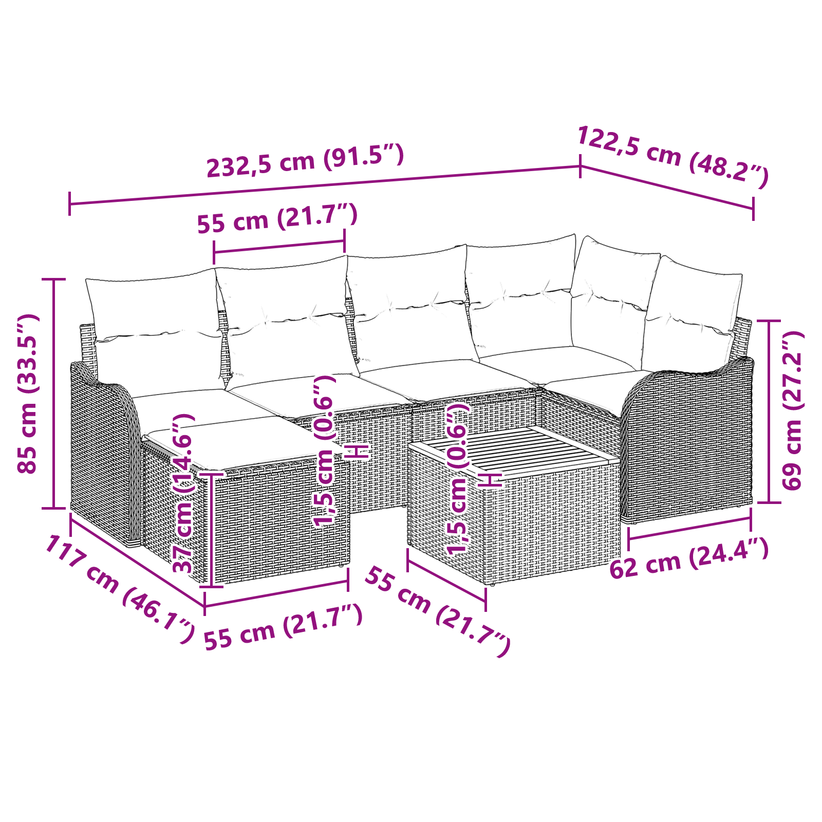 Set de canapea de grădină în 7 piese cu perne Bej din Ratan Poliester, Canapea de grădină pentru 2 persoane cu perne Bej din Ratan Poliester GartenMobel Dekor