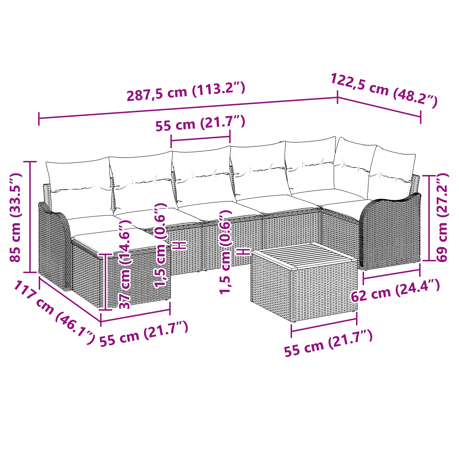 Set de canapele de grădină 8 piese cu perne Bej Poli Ratan Acacia, Canapea de grădină cu 2 locuri și perne Bej Poli Ratan GartenMobel Dekor