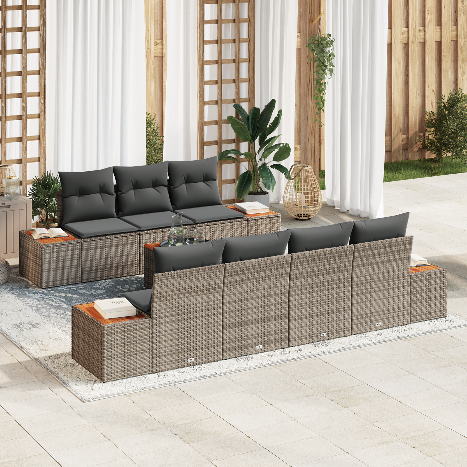 Set de 8 canapele de grădină cu perne gri din rattan poli acacia GartenMobel Dekor