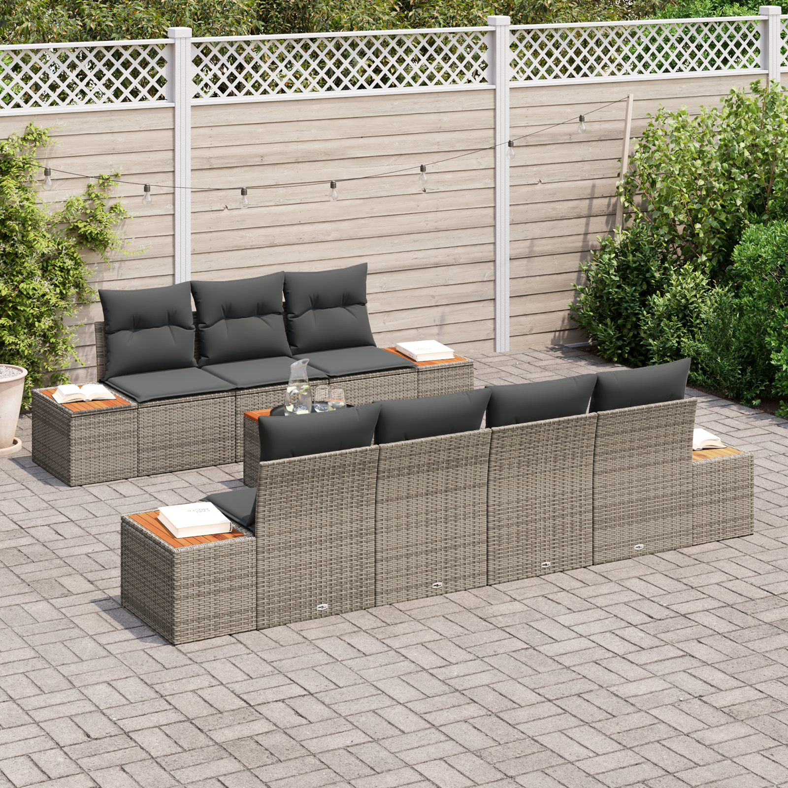 Set de 8 canapele de grădină cu perne gri din rattan poli acacia GartenMobel Dekor