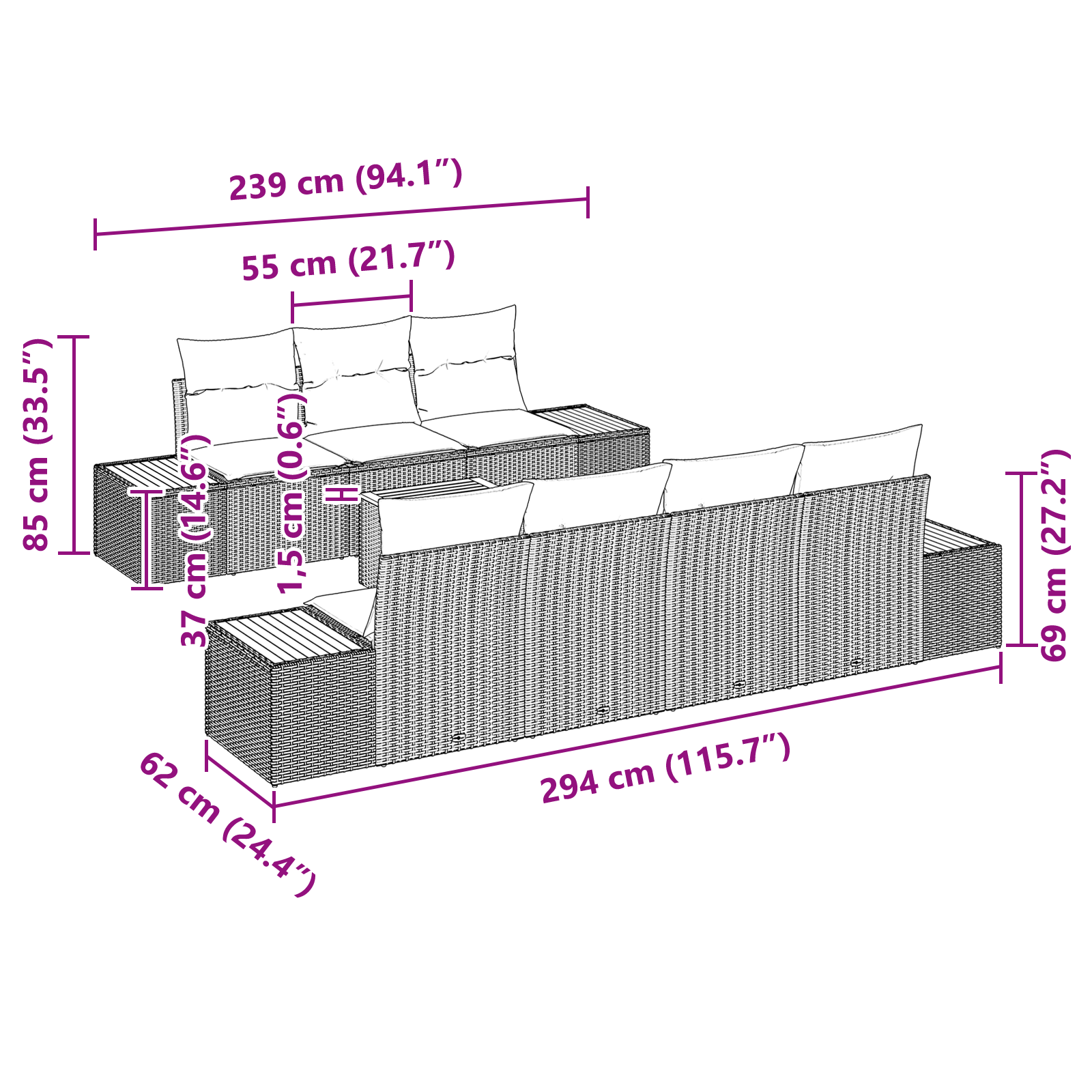 Set de 8 canapele de grădină cu perne gri din rattan poli acacia GartenMobel Dekor