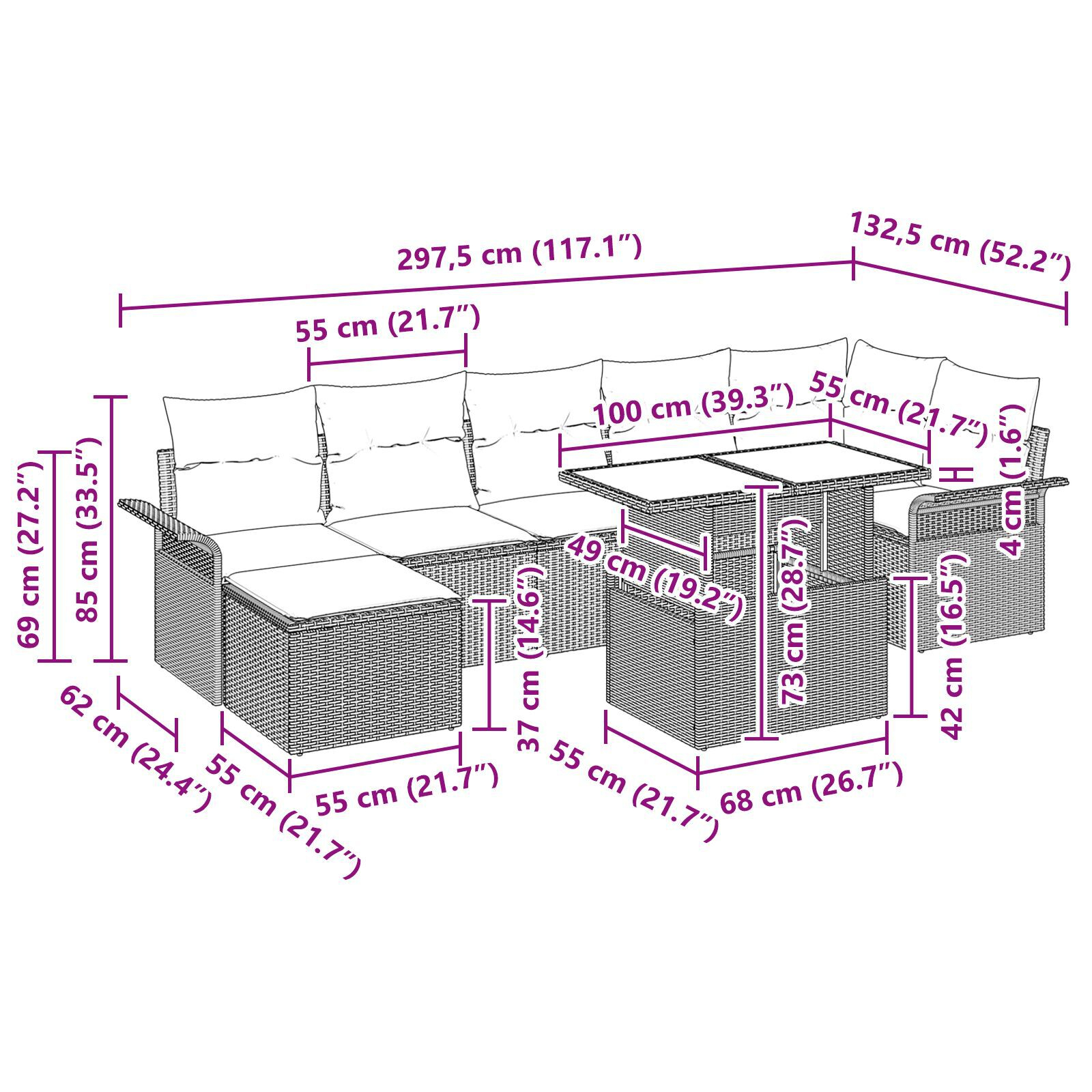 Set de canapele de grădină cu 8 piese cu perne gri deschis Ratan PE GartenMobel Dekor