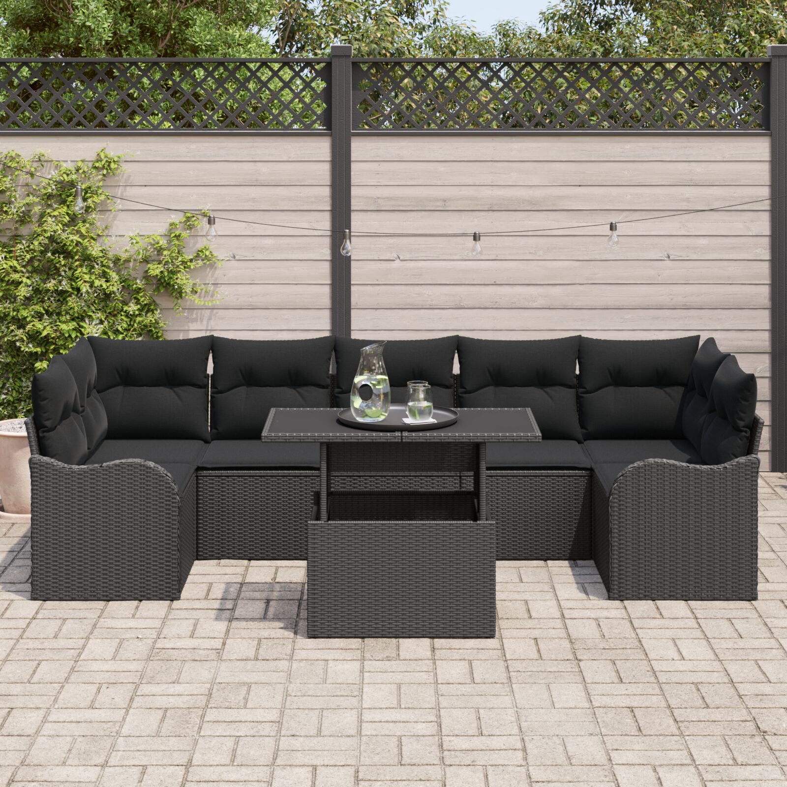 Set de Sofa de Grădină cu 8 Piese și Perne Negru Poli Ratan, Sofa de Grădină cu 2 Locuri și Spațiu de Stocare & Perne Negru Poli Ratan GartenMobel Dekor