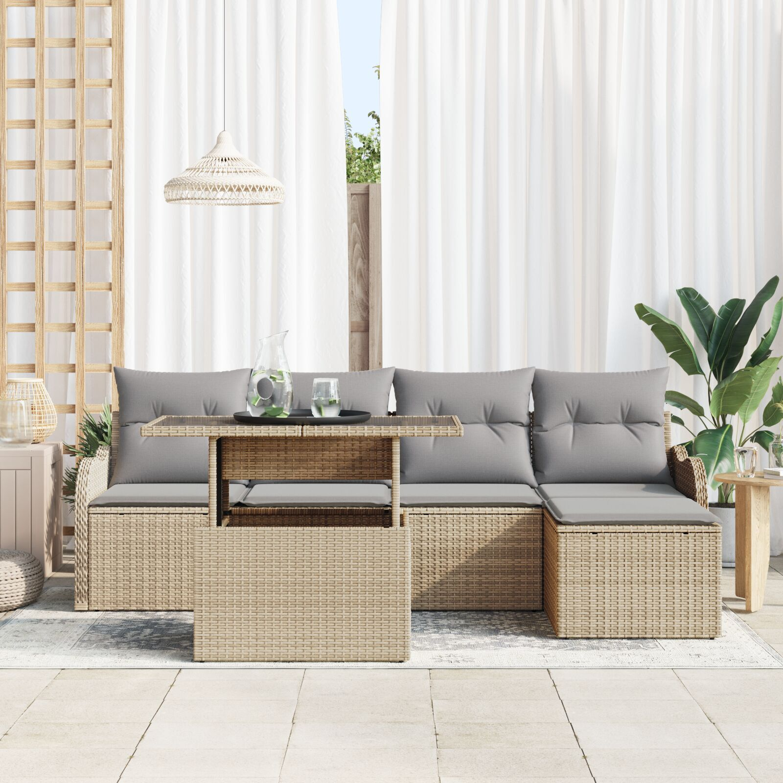 Set de Sofa de Grădină cu Pernuțe Bej din Ratan Poli, Sofa de Grădină cu 2 Locuri cu Spațiu de Depozitare & Pernuțe Bej din Ratan Poli GartenMobel Dekor