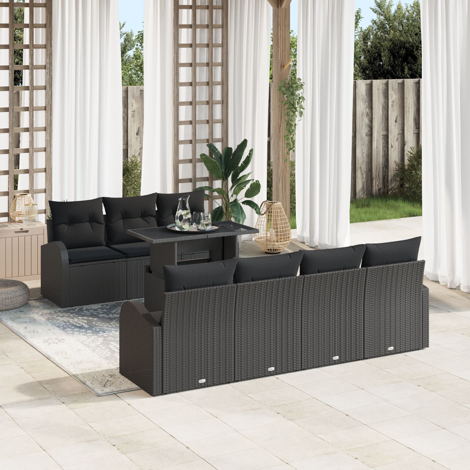 Set de 8 Piese pentru Sofa de Grădină cu Perne Negru din Ratan Polimeric, Sofa de Grădină cu 2 Locuri cu Spațiu de Stocare și Perne Negru din Ratan Polimeric GartenMobel Dekor