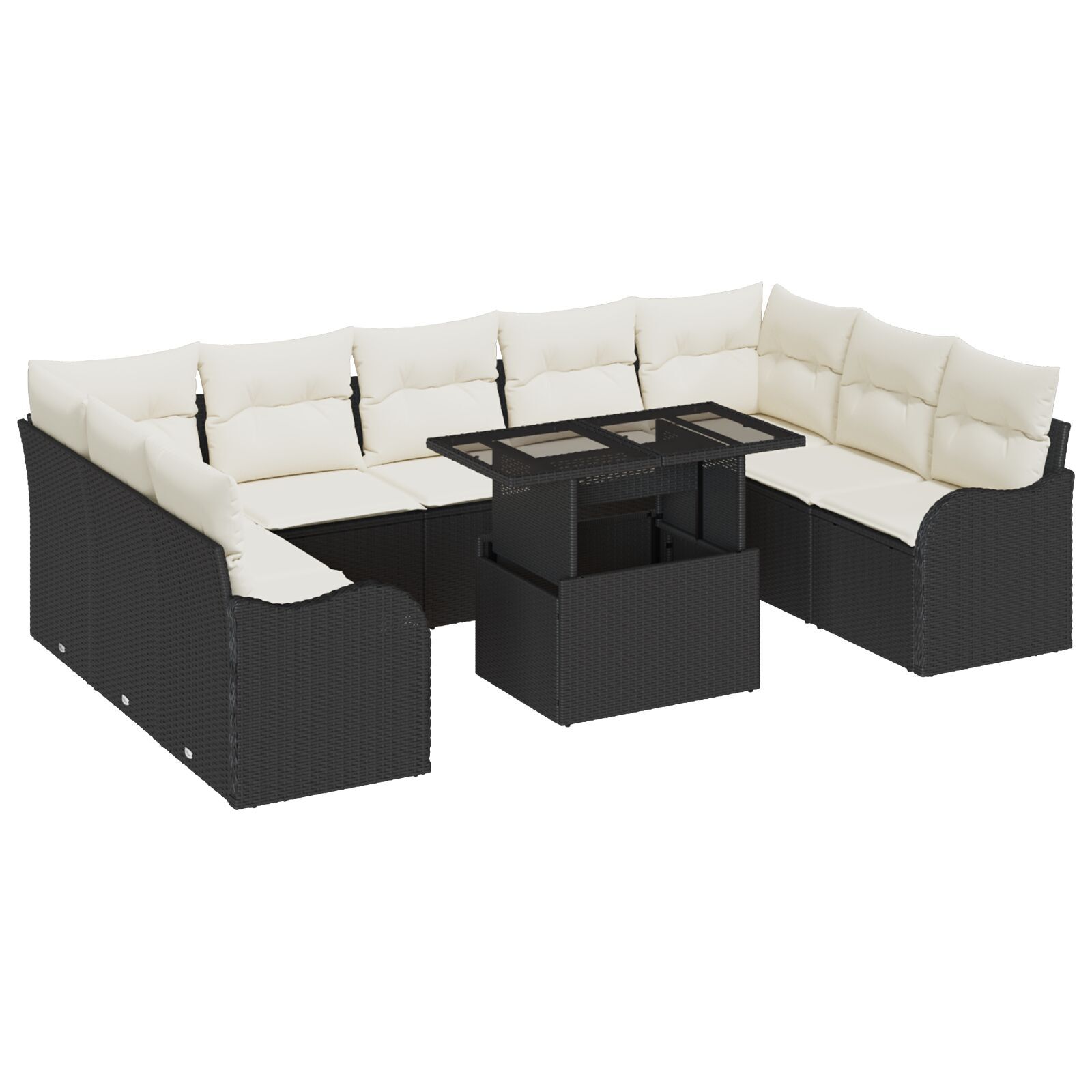 Set canapele grădină , 10 piese, cu perne, ratan poli negru, Sofa grădină , 2 locuri, cu spațiu de depozitare și perne, ratan poli negru GartenMobel Dekor