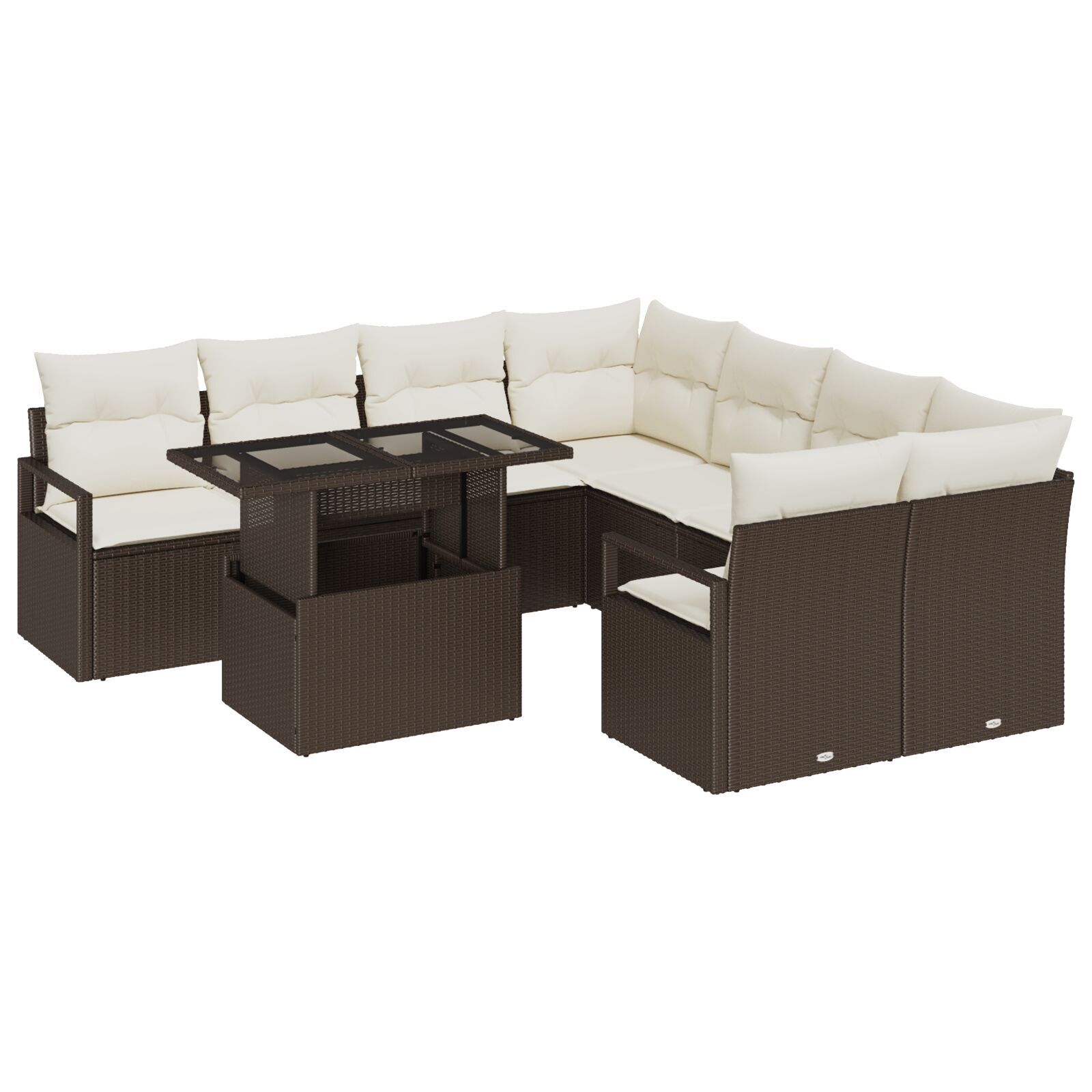 Set de Sofa pentru Grădină cu Perne Maro din Ratan Polimer 9 Piese, Sofa 2 Locuri pentru Grădină cu Spațiu de Stocare și Perne Maro din Ratan Polimer GartenMobel Dekor