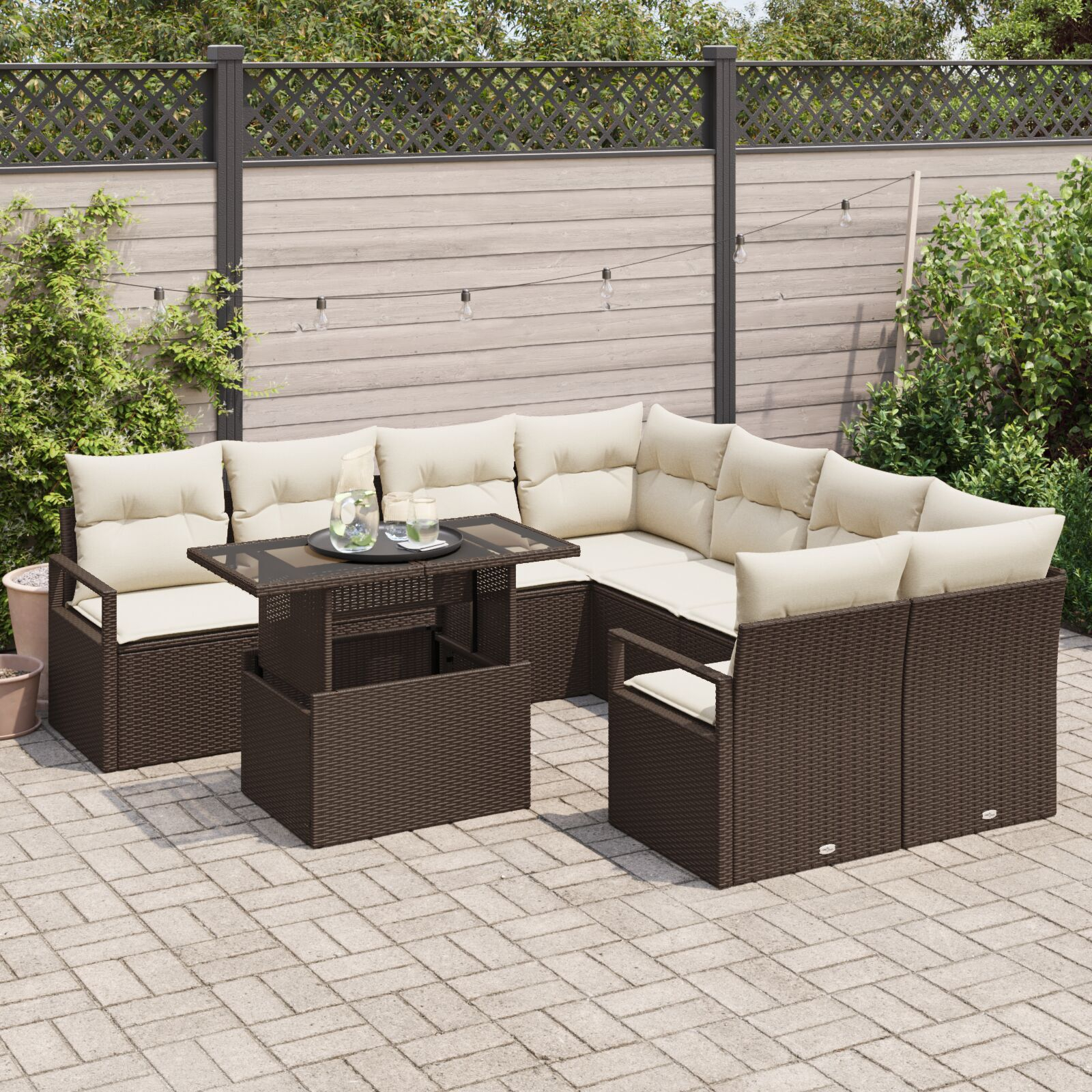 Set de Sofa pentru Grădină cu Perne Maro din Ratan Polimer 9 Piese, Sofa 2 Locuri pentru Grădină cu Spațiu de Stocare și Perne Maro din Ratan Polimer GartenMobel Dekor