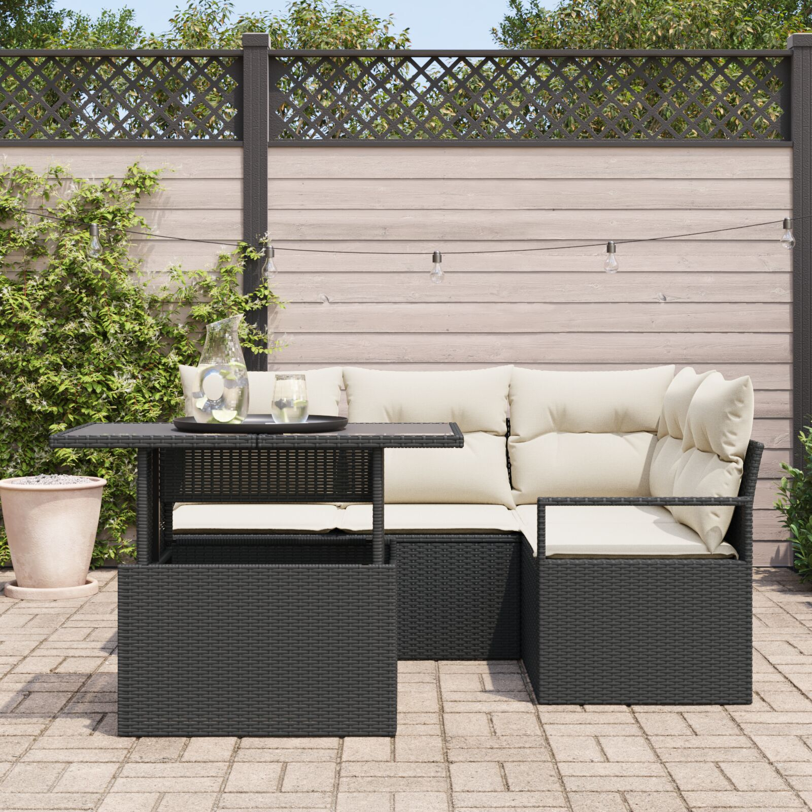 Set de 5 piese pentru sofa de grădină cu perne din ratan poli negru, Sofa de grădină cu două locuri cu storage și perne din ratan poli negru GartenMobel Dekor
