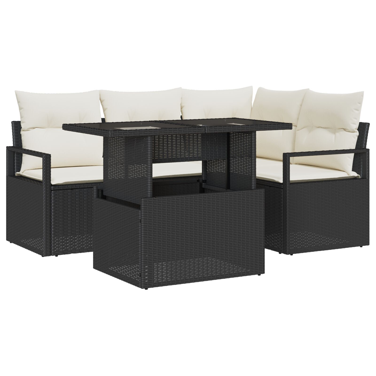 Set de 5 piese pentru sofa de grădină cu perne din ratan poli negru, Sofa de grădină cu două locuri cu storage și perne din ratan poli negru GartenMobel Dekor