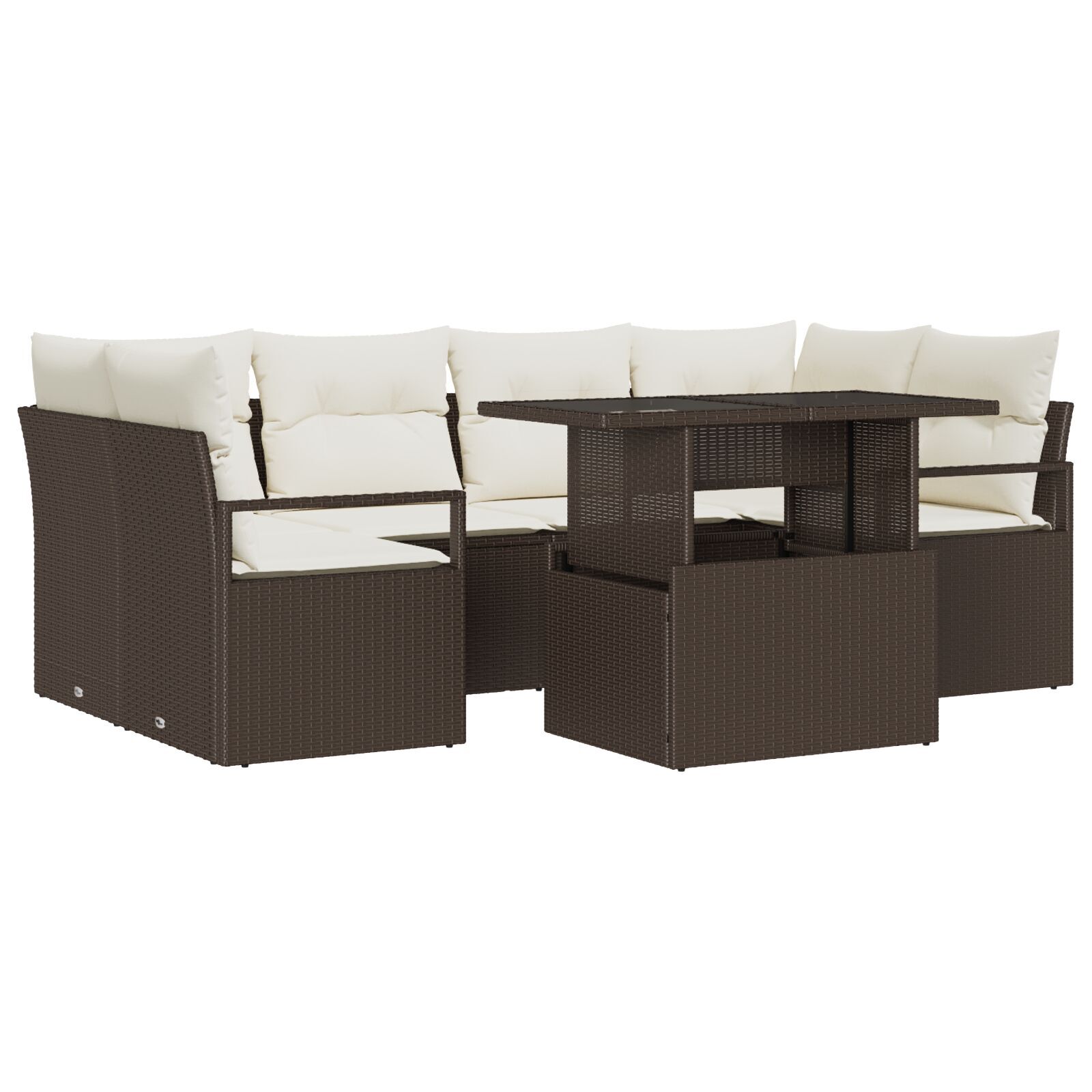 Set de Sofa de Gradina cu 7 Piese cu Perne Maro Ratan Poli, Sofa de Gradina de 2 Persoane cu Spațiu de Stocare & Perne Maro Ratan Poli GartenMobel Dekor