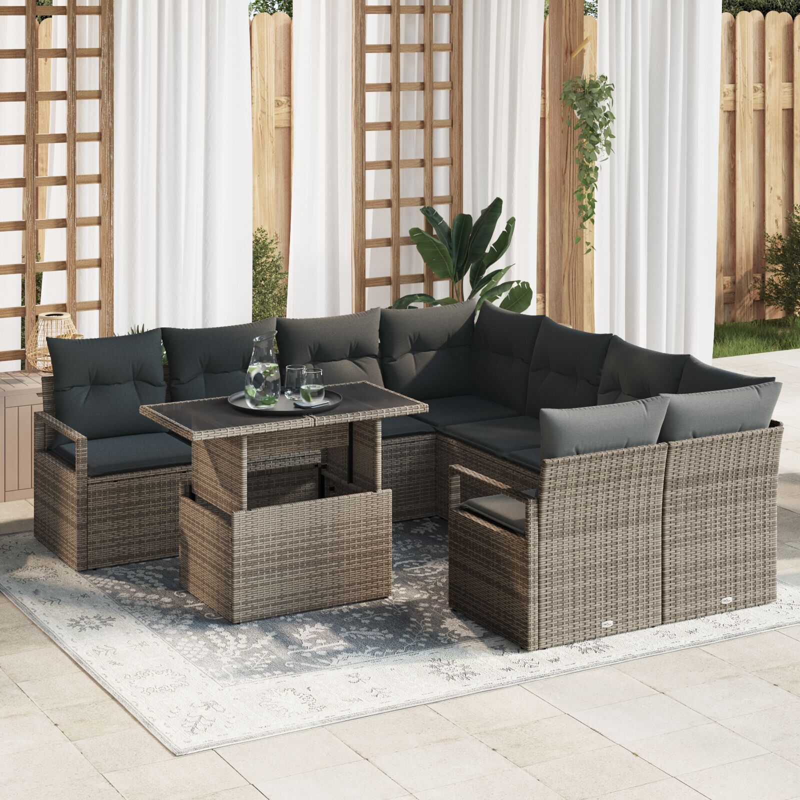 Set de Sofa pentru Grădină 9 Piese cu Perne Ratan Gri Poly, Sofa pentru Grădină cu 2 Locuri cu Spațiu de Stocare & Perne Ratan Gri Poly GartenMobel Dekor