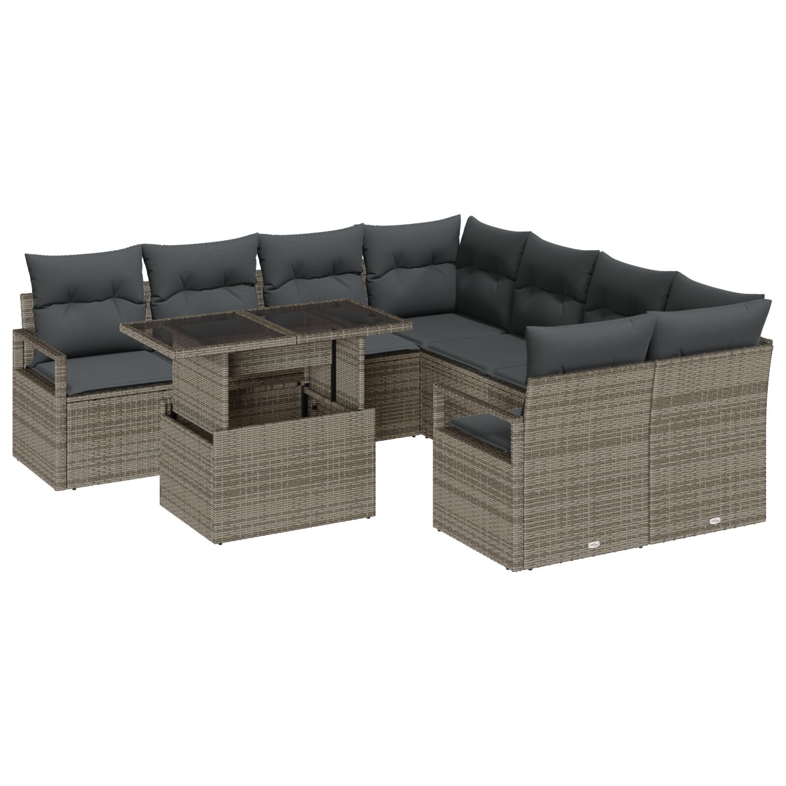 Set de Sofa pentru Grădină 9 Piese cu Perne Ratan Gri Poly, Sofa pentru Grădină cu 2 Locuri cu Spațiu de Stocare & Perne Ratan Gri Poly GartenMobel Dekor