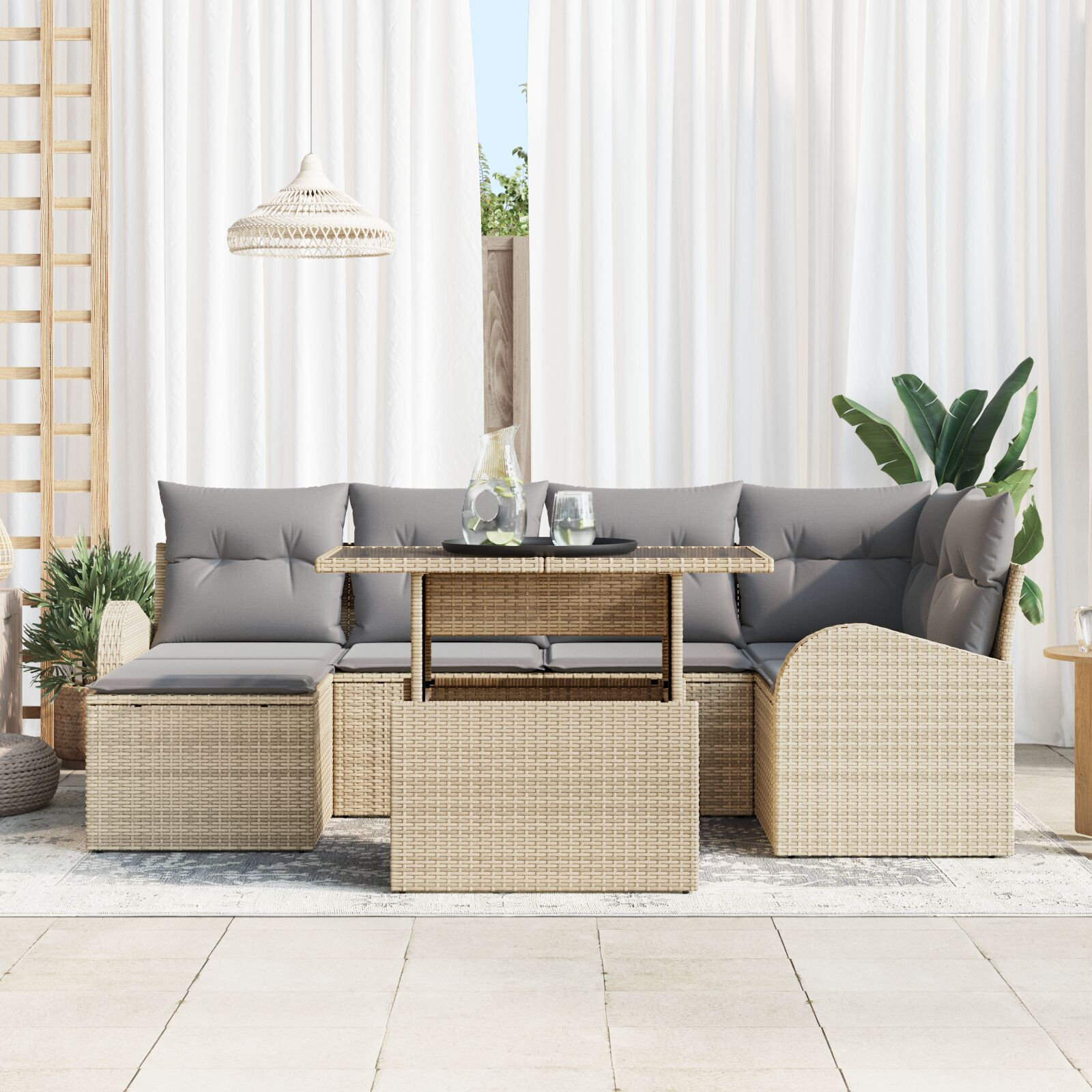 Set de sofa de grădină cu 7 piese și perne bej din ratan poli, Sofa de grădină cu 2 locuri, cu păstrare și perne bej din ratan poli GartenMobel Dekor