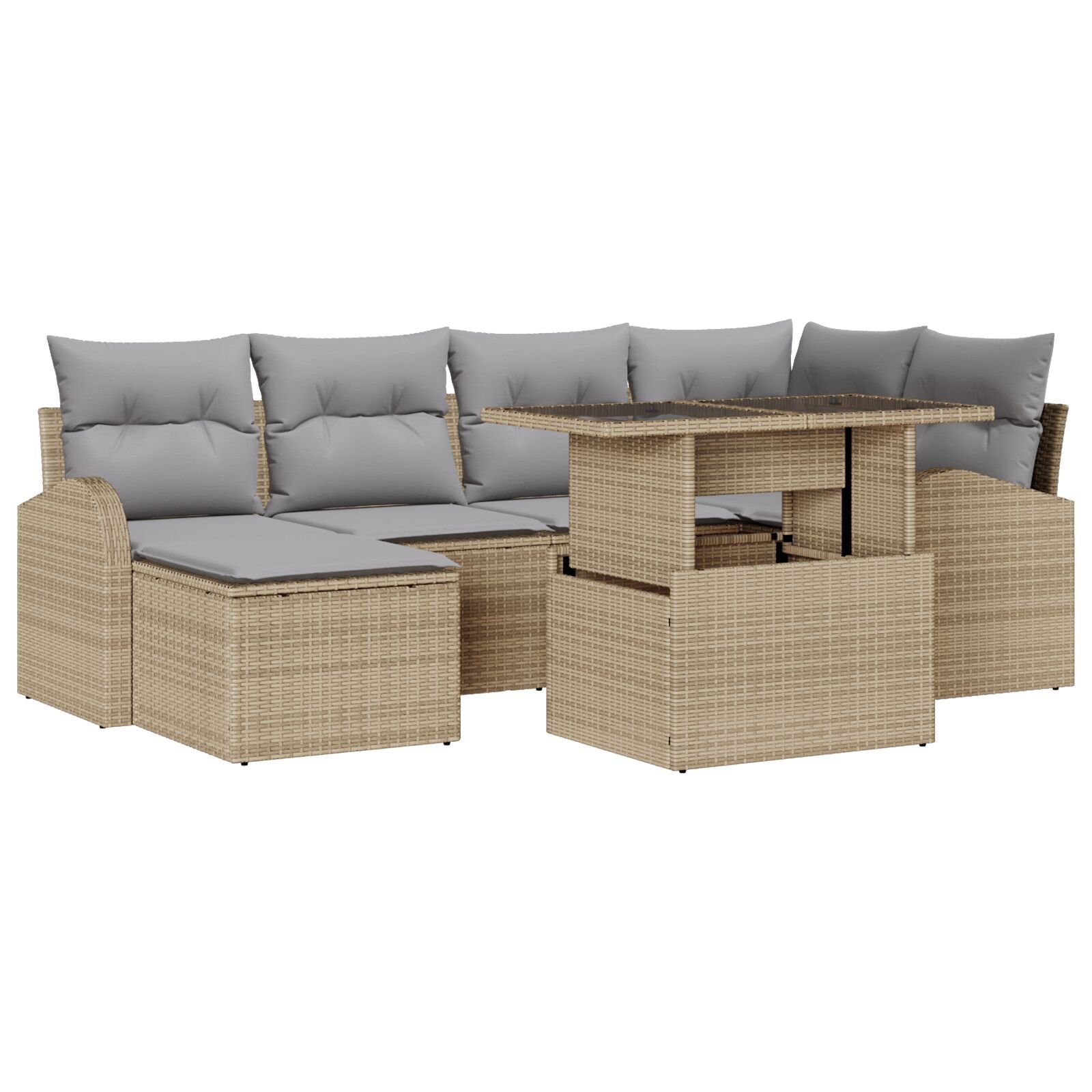 Set de sofa de grădină cu 7 piese și perne bej din ratan poli, Sofa de grădină cu 2 locuri, cu păstrare și perne bej din ratan poli GartenMobel Dekor